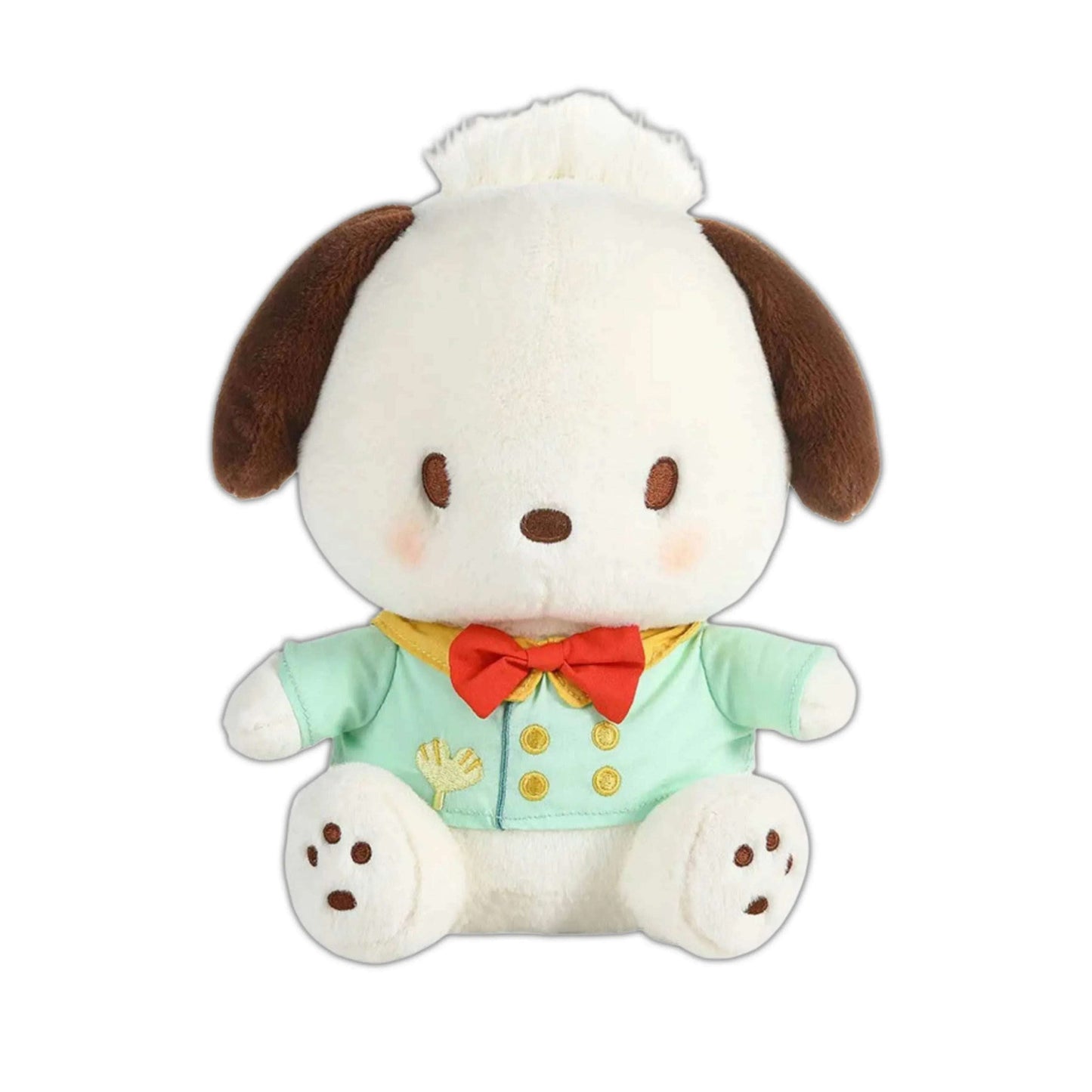 White plush panda costume figure with brown ears, green shirt, and red neck bow