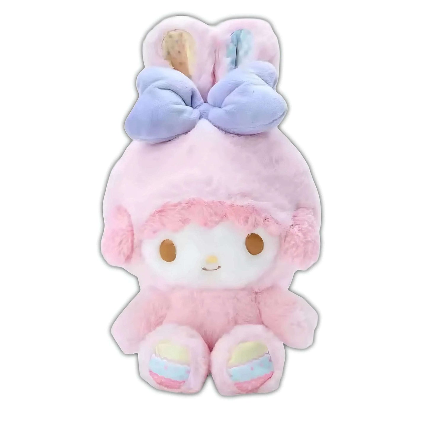 Pastel pink and lavender bunny plush with long ears, bow, and smiling face