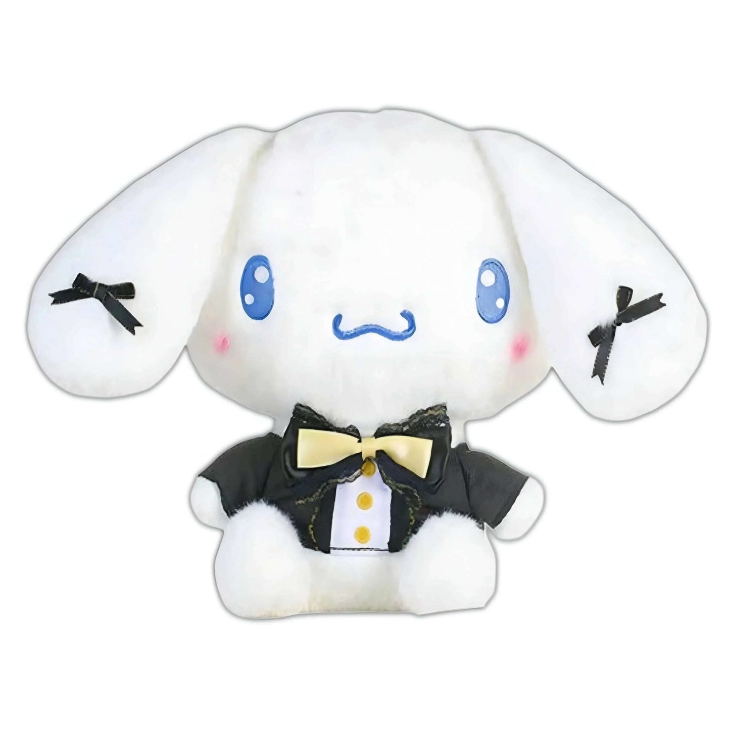White plush dog character with blue facial details, black suit and yellow bow tie