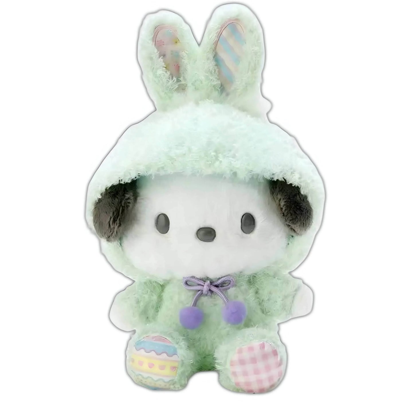 Mint green bunny plush with hooded ears, purple bow, holding a patterned egg and pouch