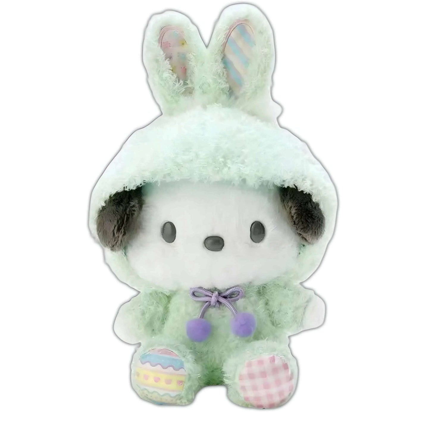 Mint green bunny plush with purple bow, smiling face, and pastel egg accessories