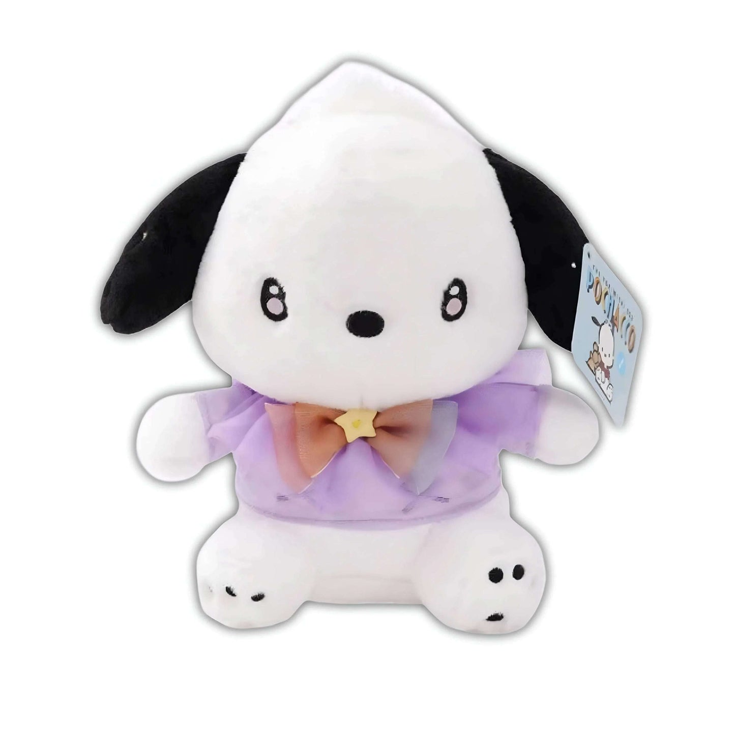 Panda plush toy with black ears, purple dress, and star-bow detail