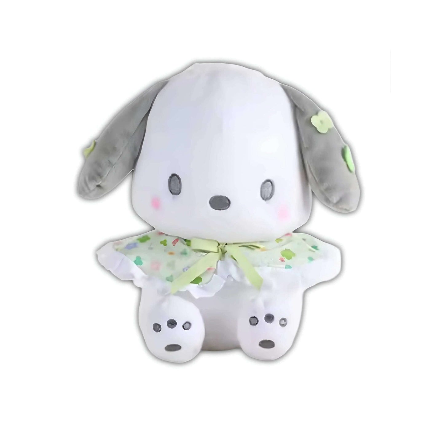 White plush dog with gray ears, pastel apron dress, green bow tie