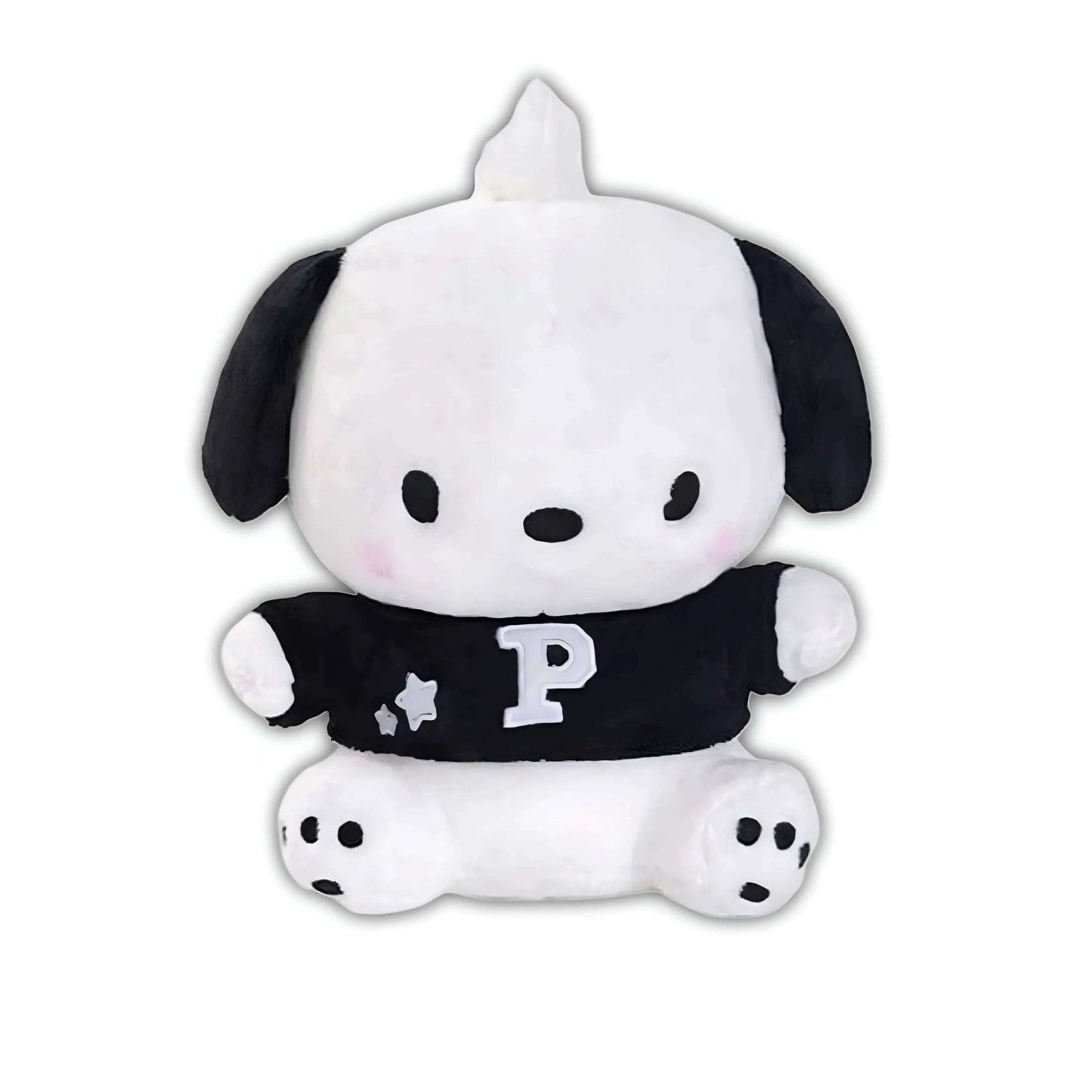 White plush bear with black side ears, black star shirt, and large letter P emblem
