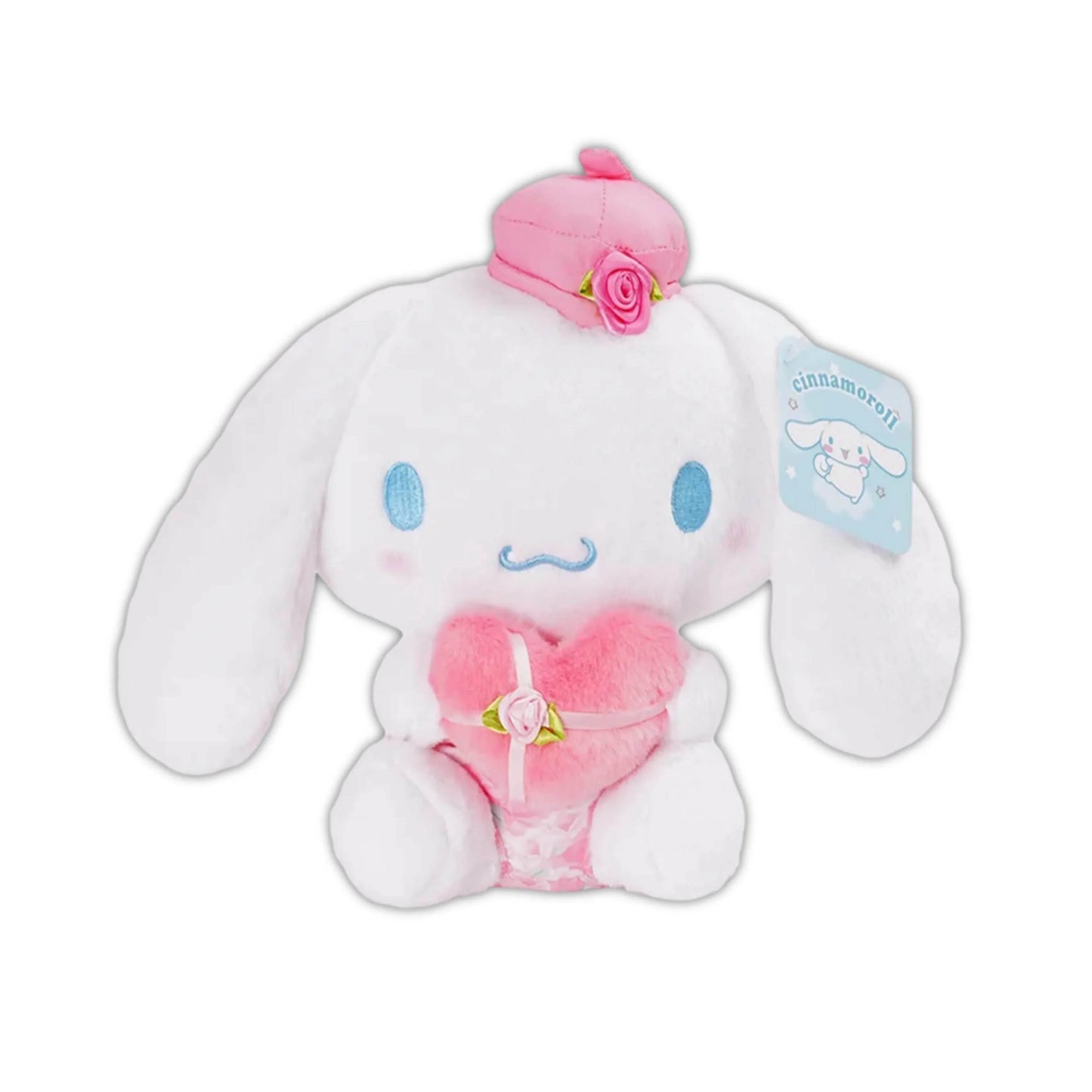 White Cinnamoroll plush bunny with blue eyes, rose on head, holding a pink heart