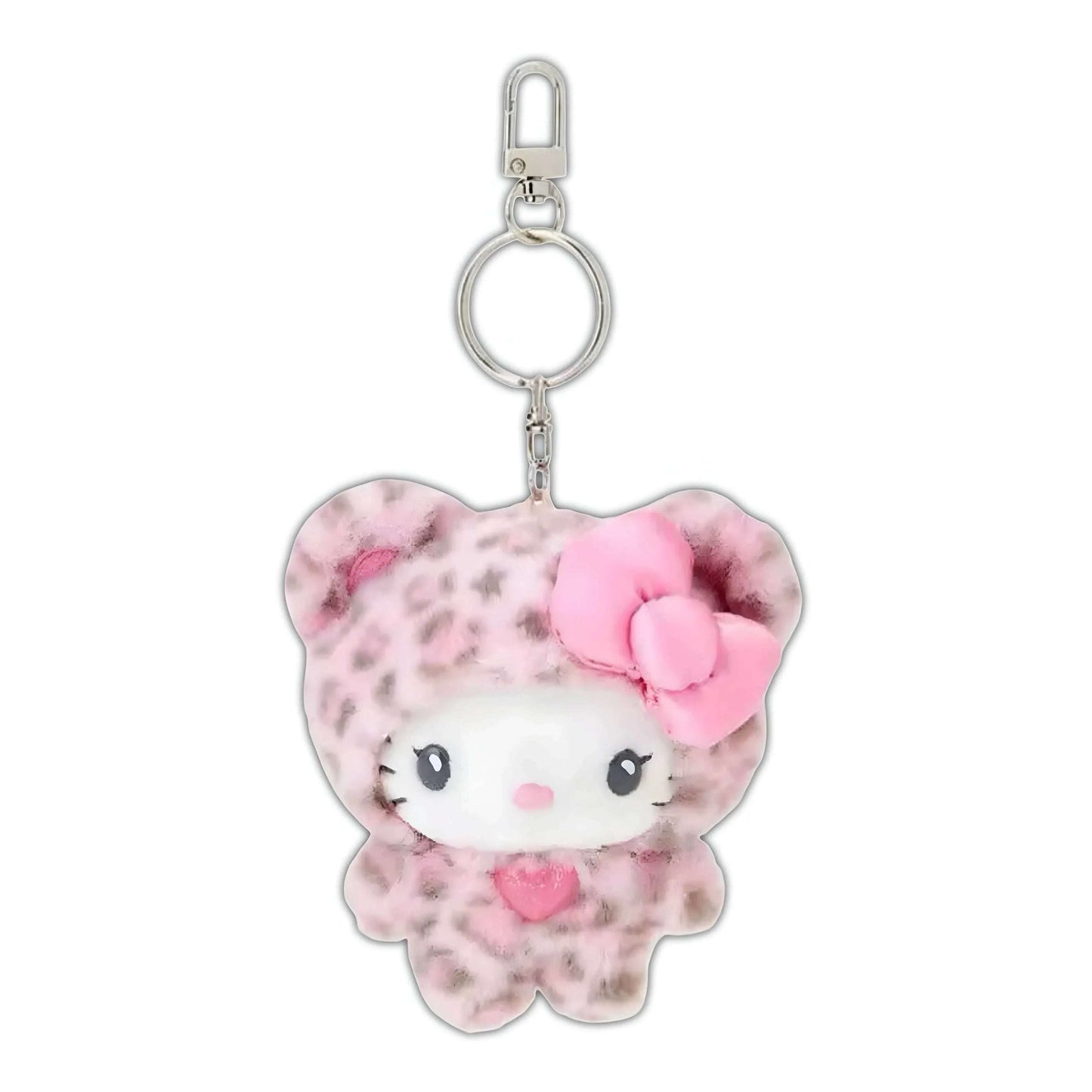 Leopard-print plush keychain with pink bow, heart face, and silver metal clip