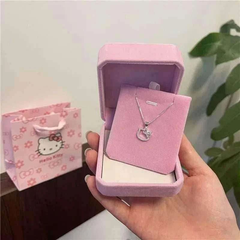 Hello Kitty necklace in pink gift box, silver chain and cat-face pendant
