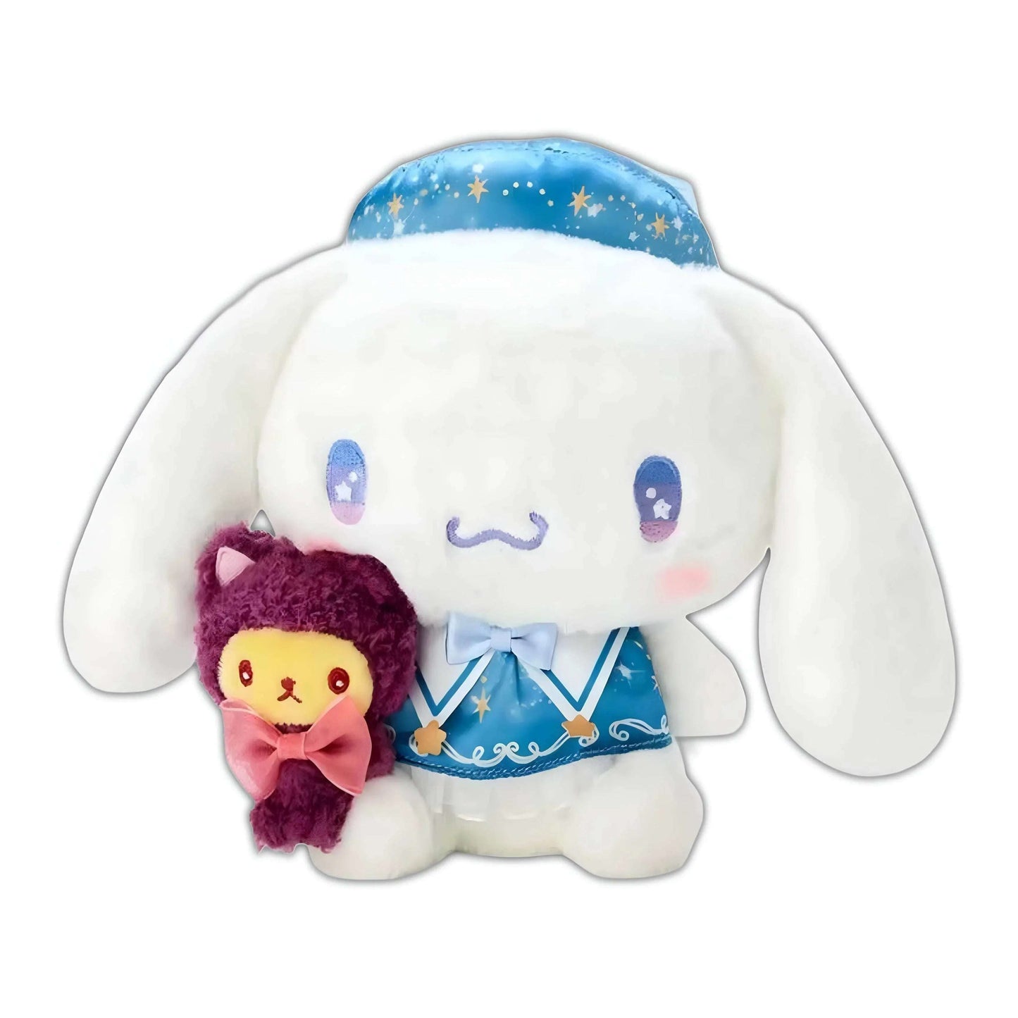 White plush doll with blue star cap, holding a small maroon bear plush