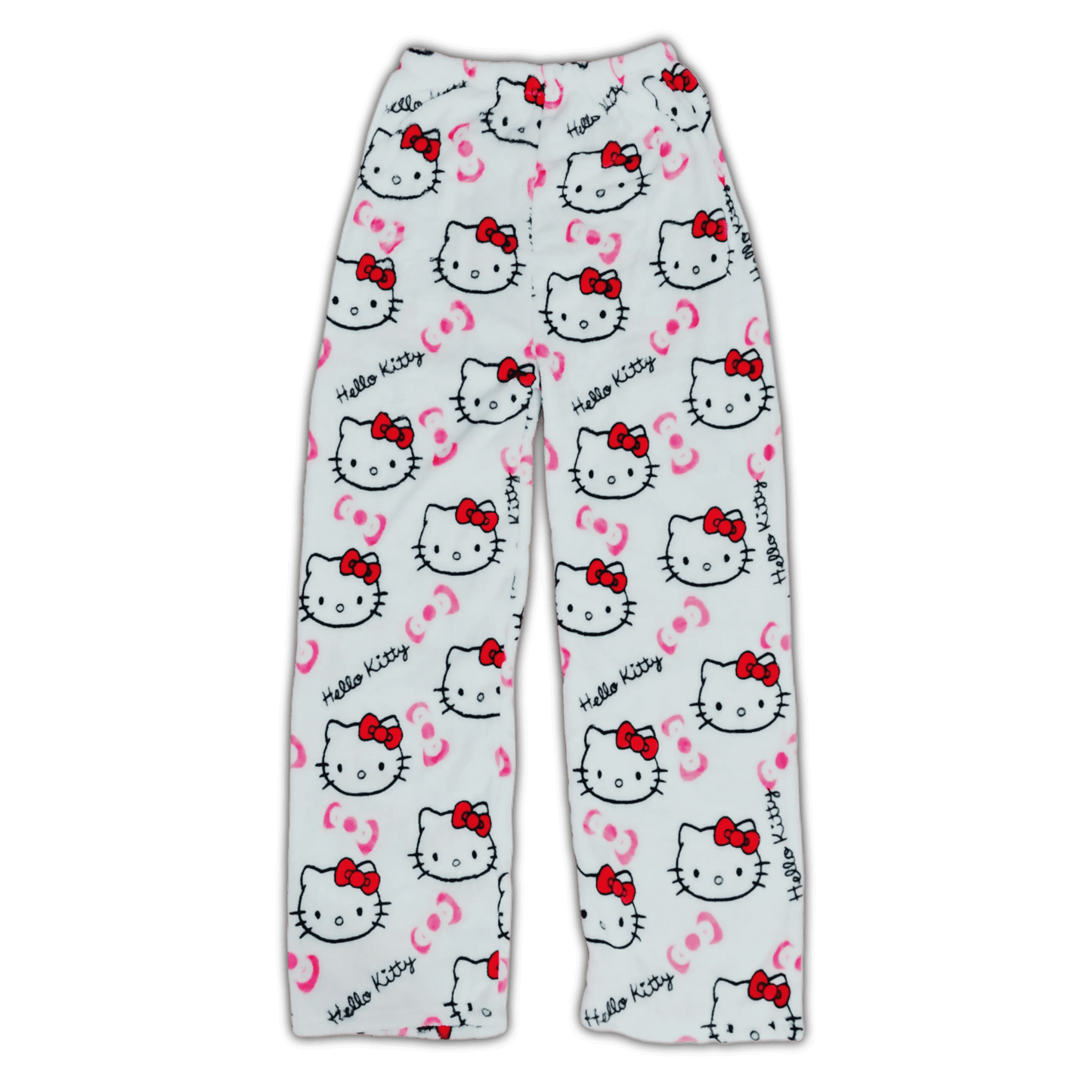 White pajama pants with pink Hello Kitty face print and red bow accents