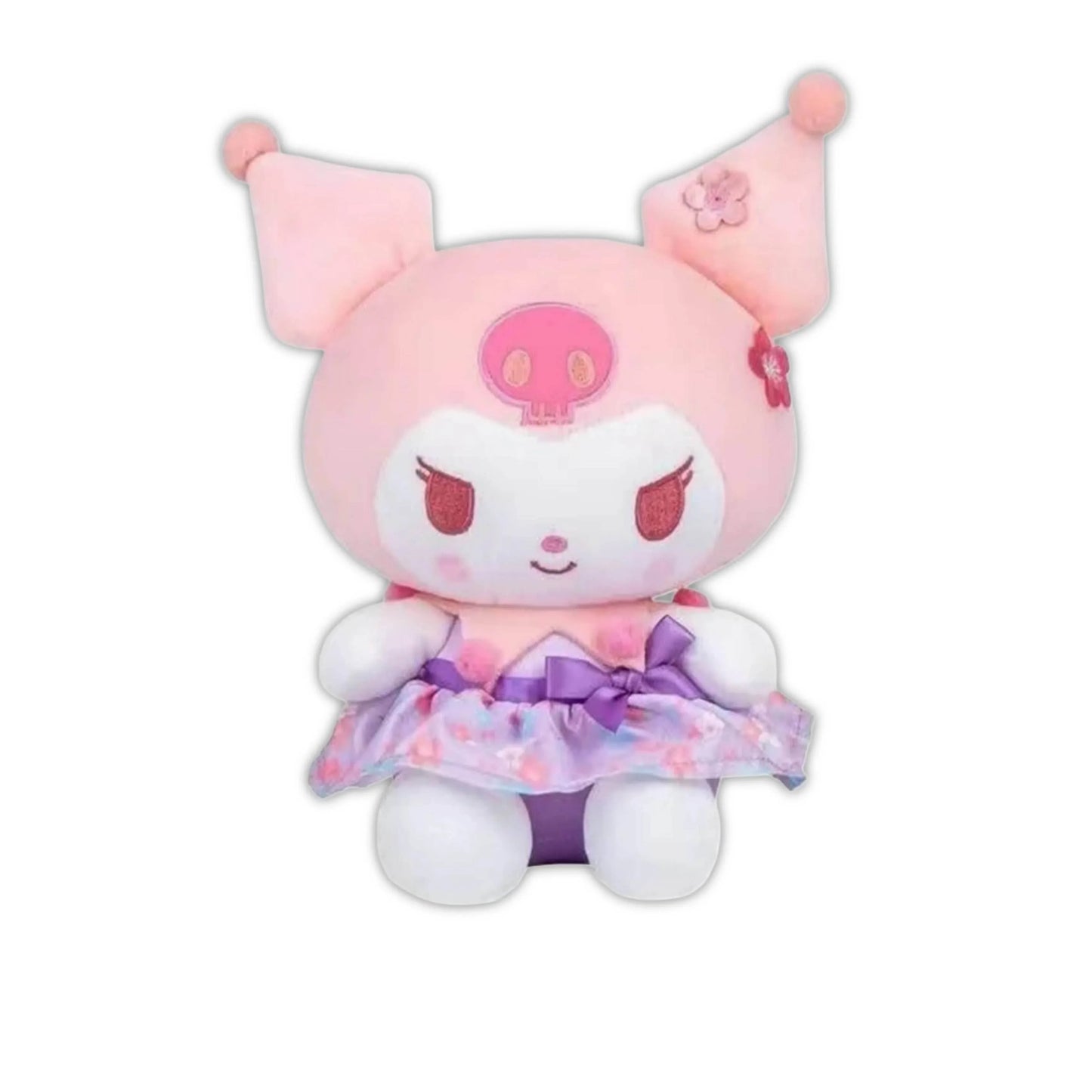 Pink pig-ear plush character with purple bow and layered skirt, smiling face