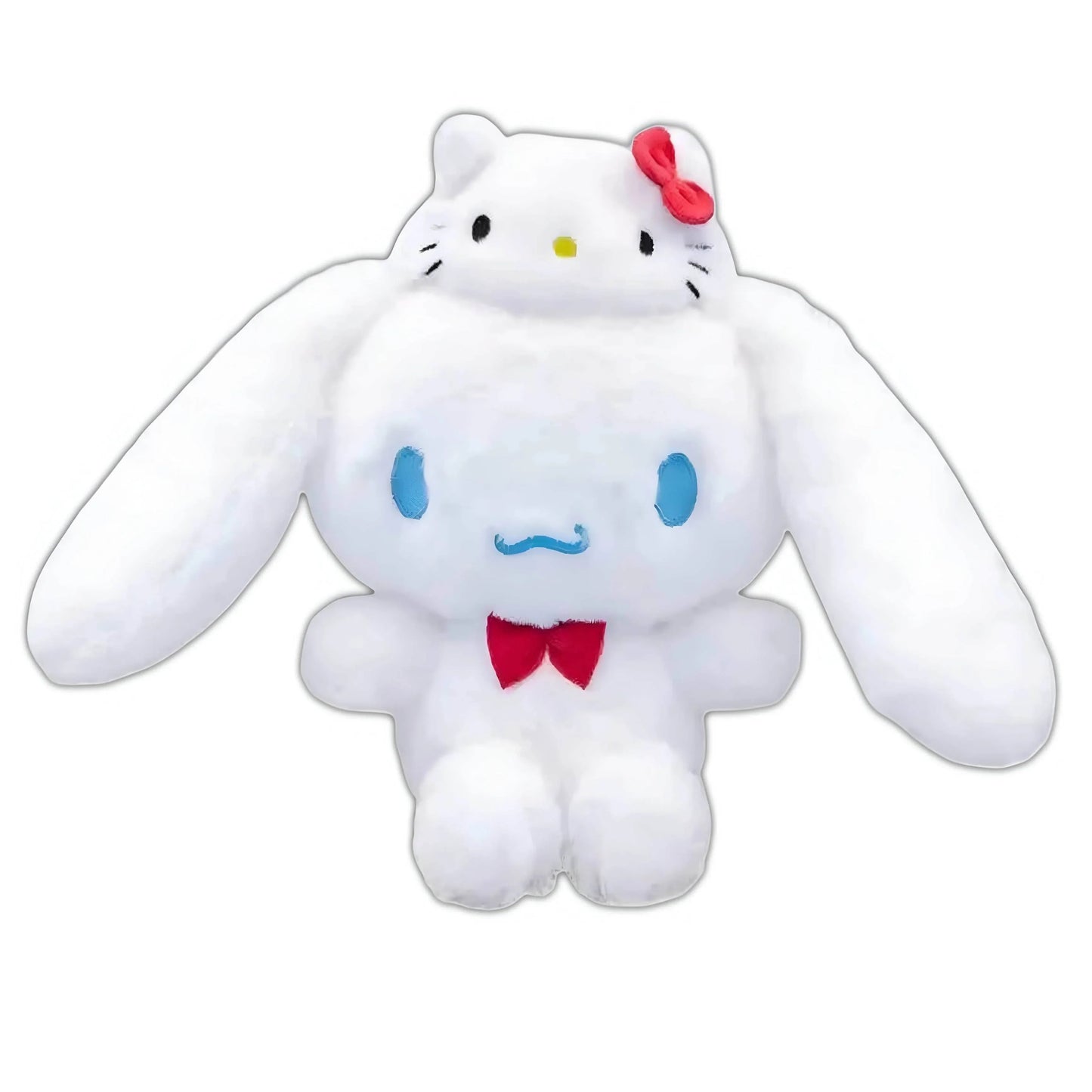 White plush kitty hat with blue cheek spots, red bow, and long floppy ears.