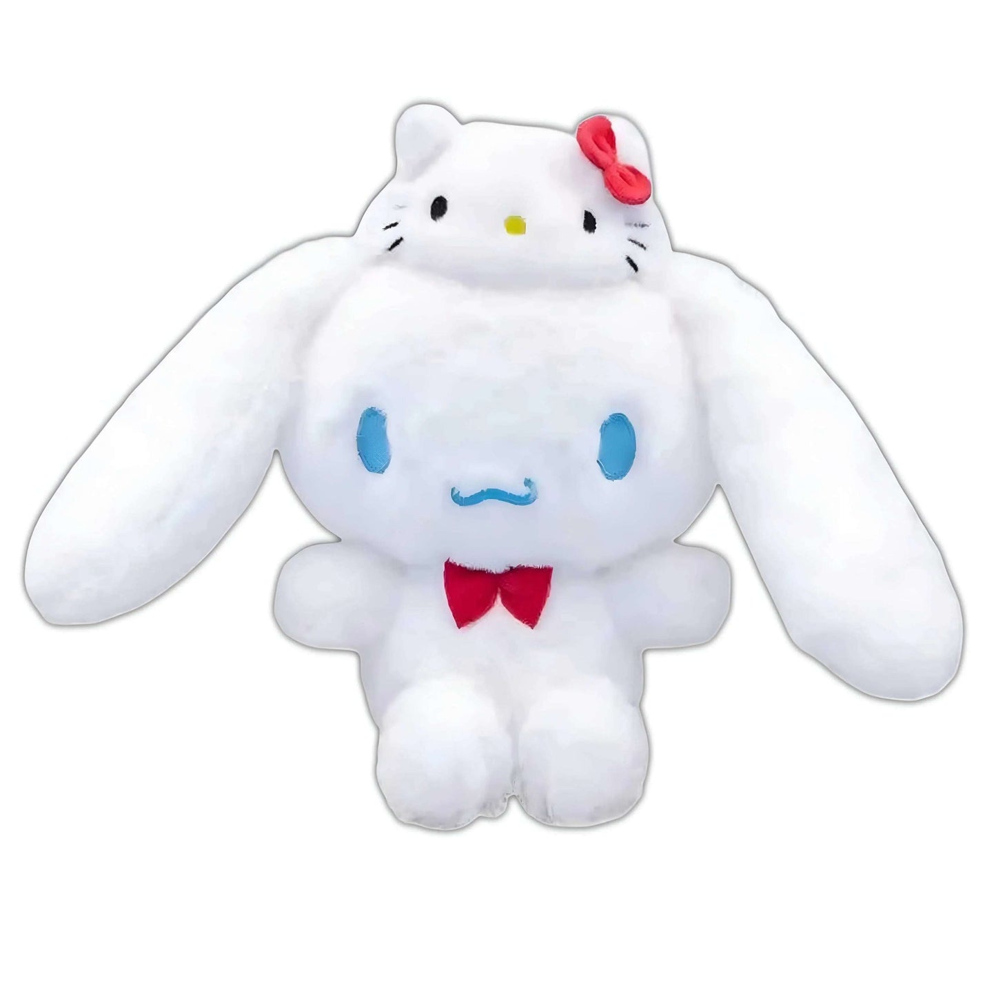 White plush cat character with red bow, blue eye spots, and bowtie