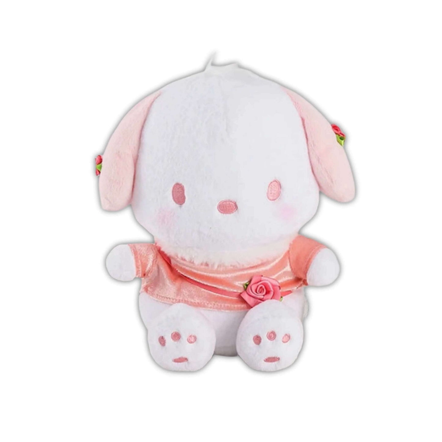 White plush character with pink ear tips, orange ruffle outfit, rose detail, round feet.