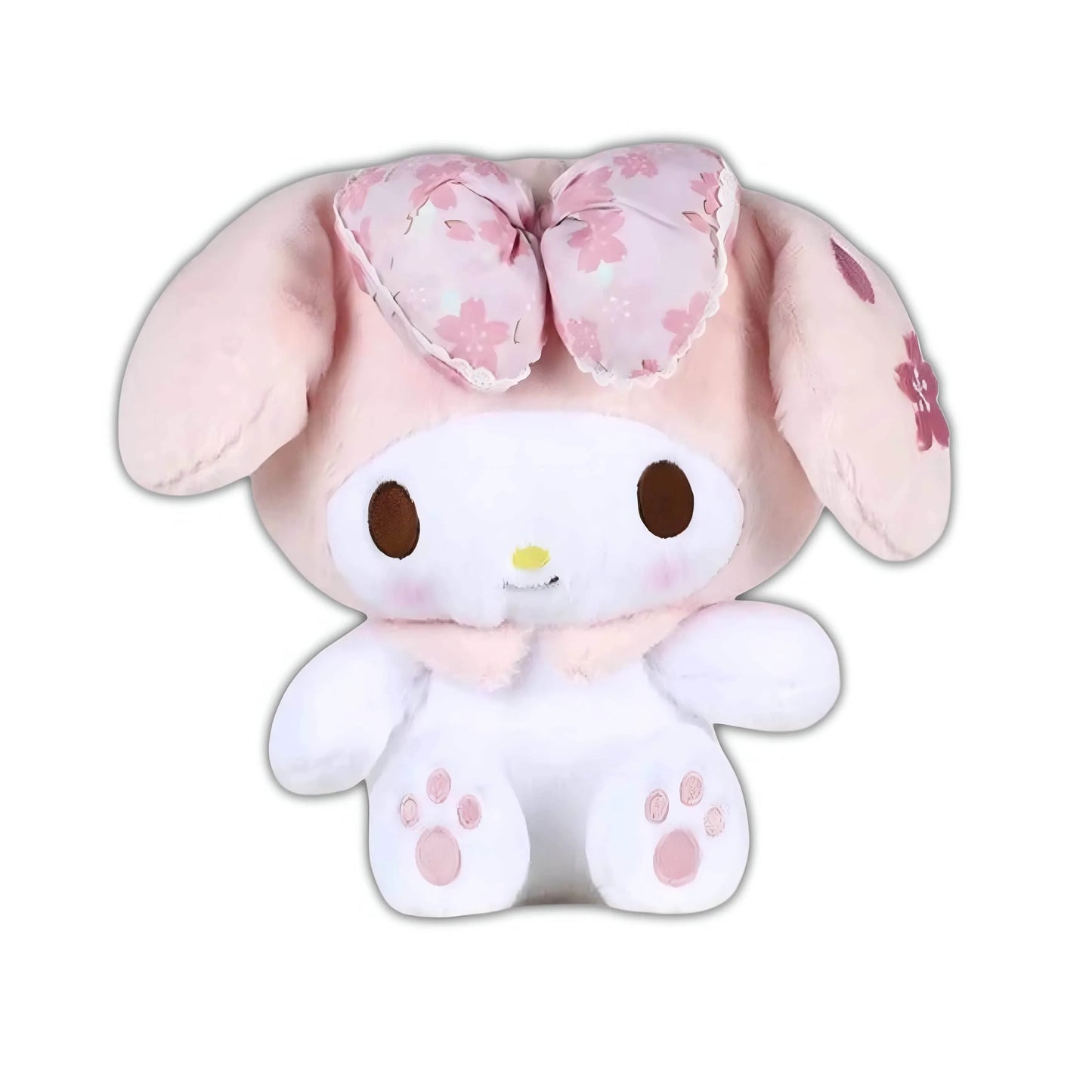 Pink-and-white bunny plush with butterfly bow on back and brown eye patches