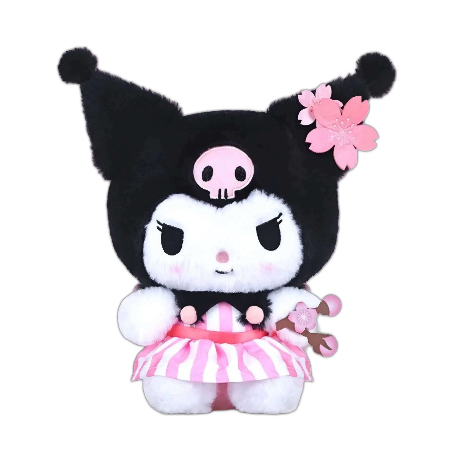 Kuromi dress plushie with striped pink skirt and pink cherry-blossom clip