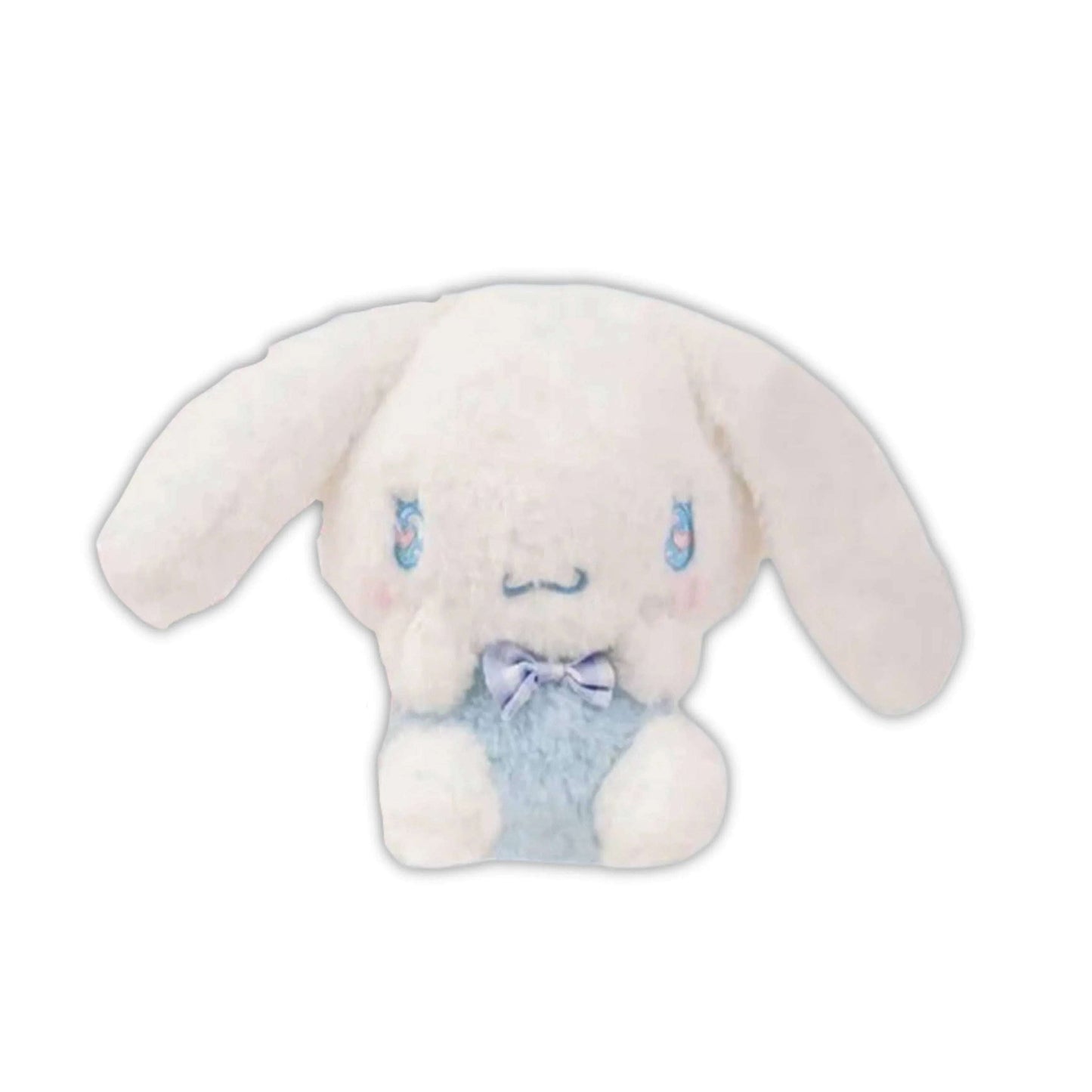 White plush rabbit with blue glittery eyes and bow-tie belly
