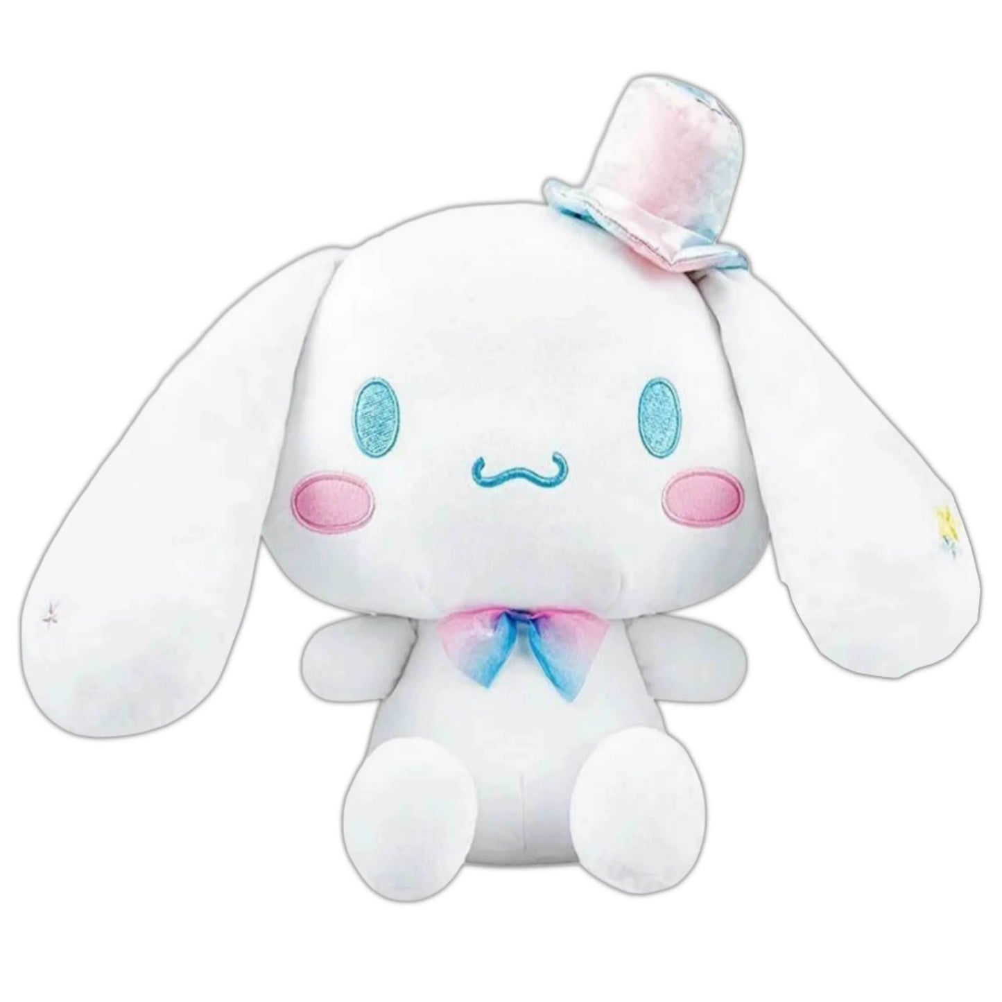 White plush character with blue ear patches, blue bow tie, and smile