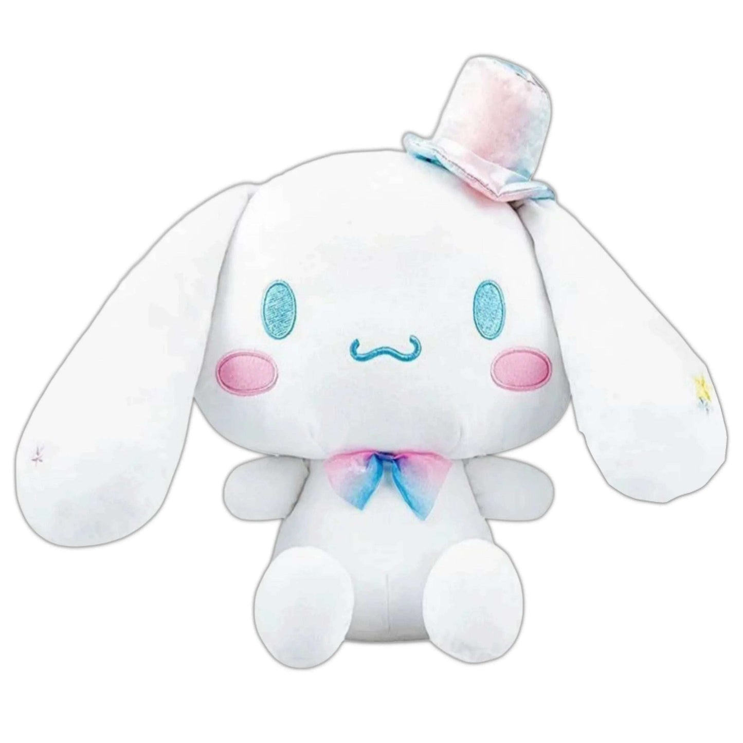 White rabbit plush with blue ear patches, pastel bow, and long floppy ears