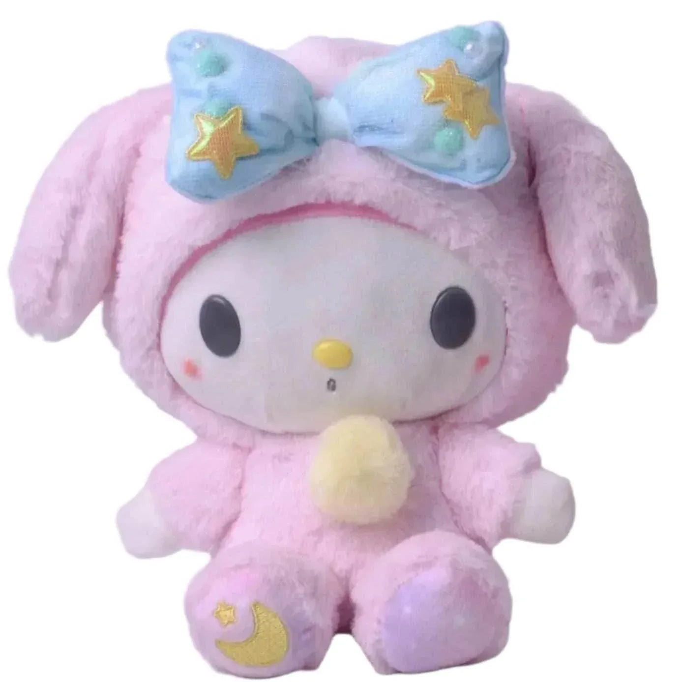 Pink hooded pajama plush with blue star bow on head, yellow nose, and soft plush feet