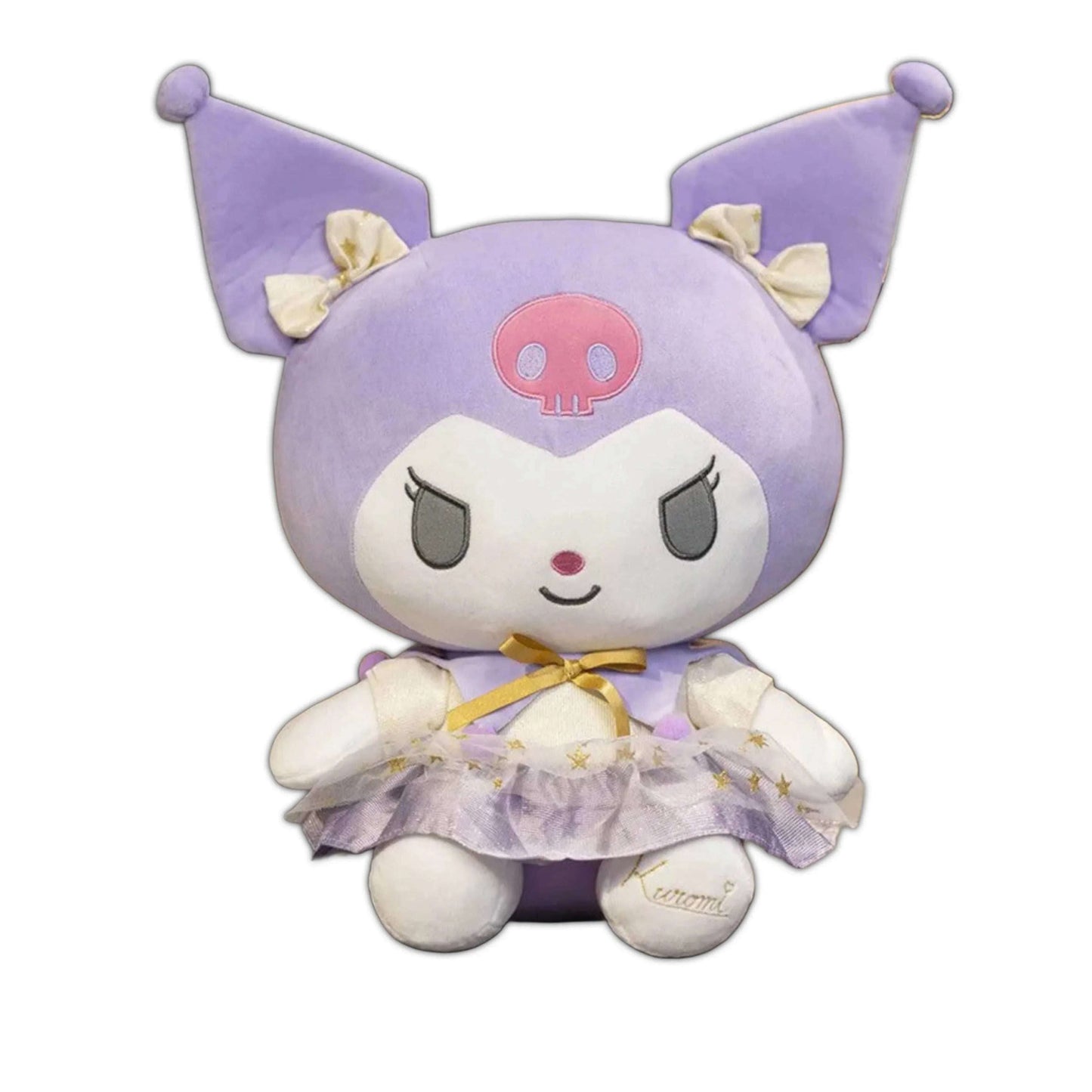 Purple plush cat with bow-trimmed ears, star cape, and smiling face