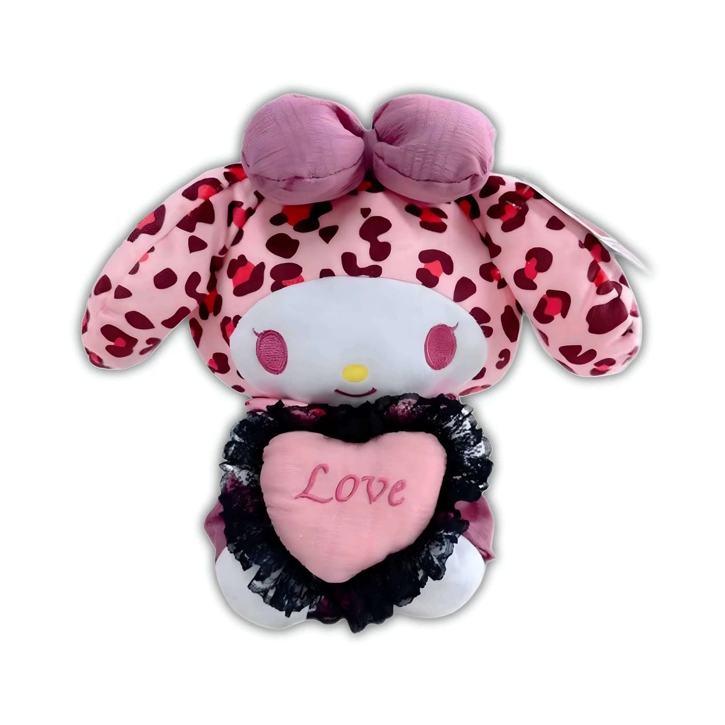 Black and pink plush cat toy with leopard bow and heart pocket