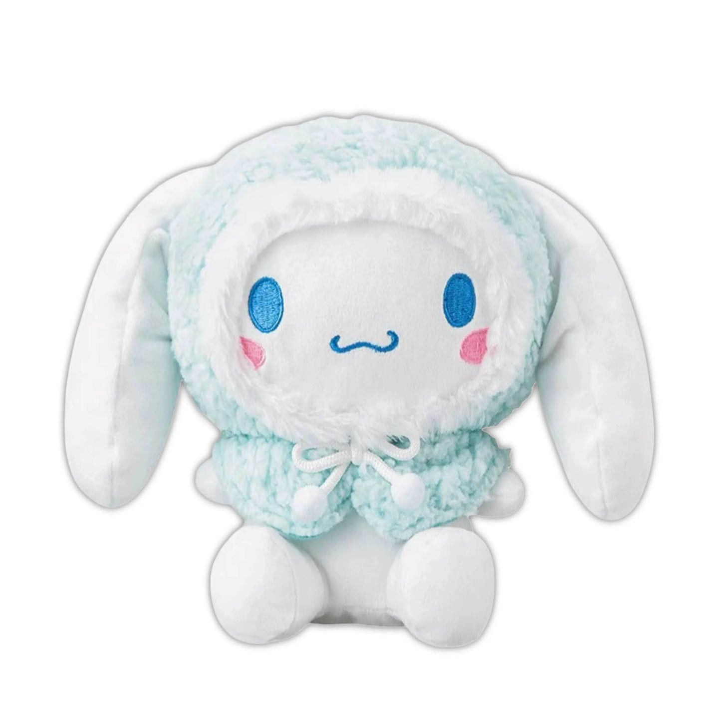 Light blue plush hooded winter jacket toy with smiling face and bow scarf