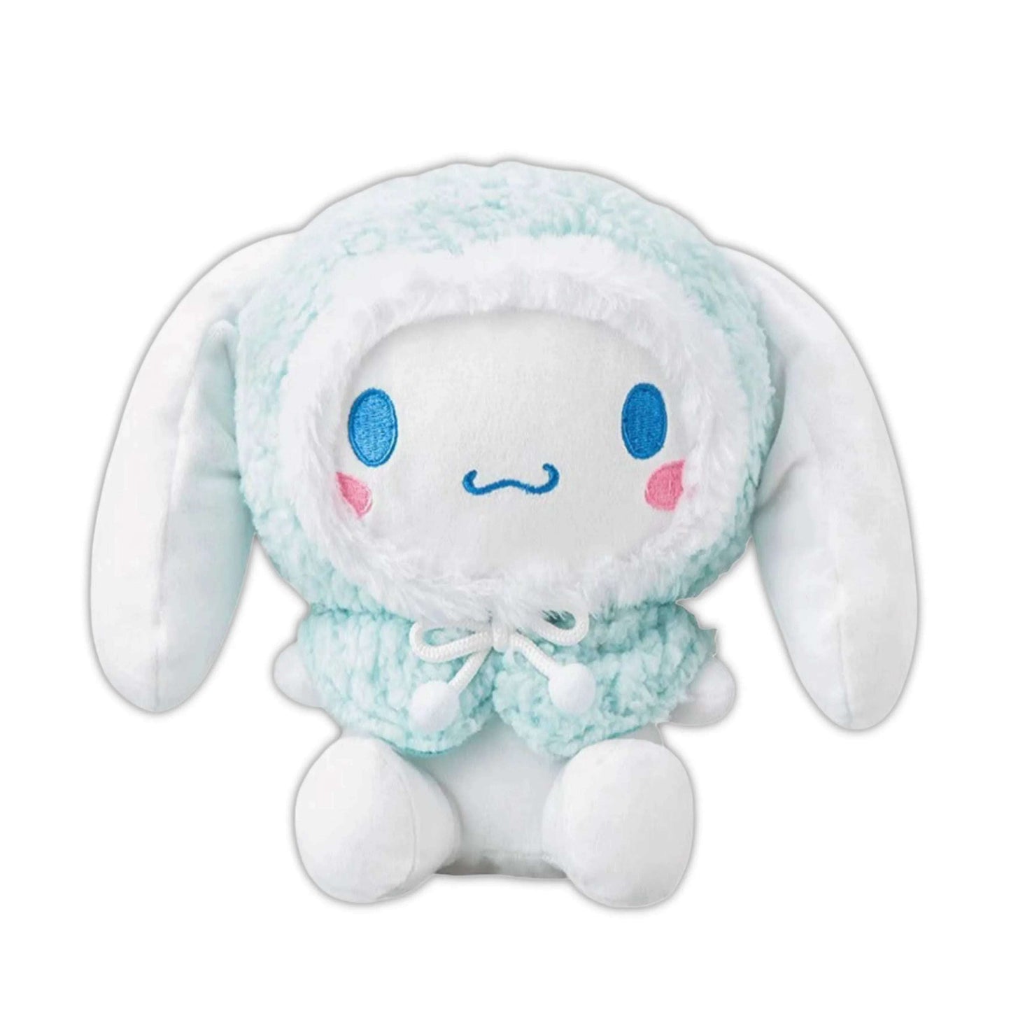 Light blue plush winter jacket doll with hood, bunny ears, and small bow tie