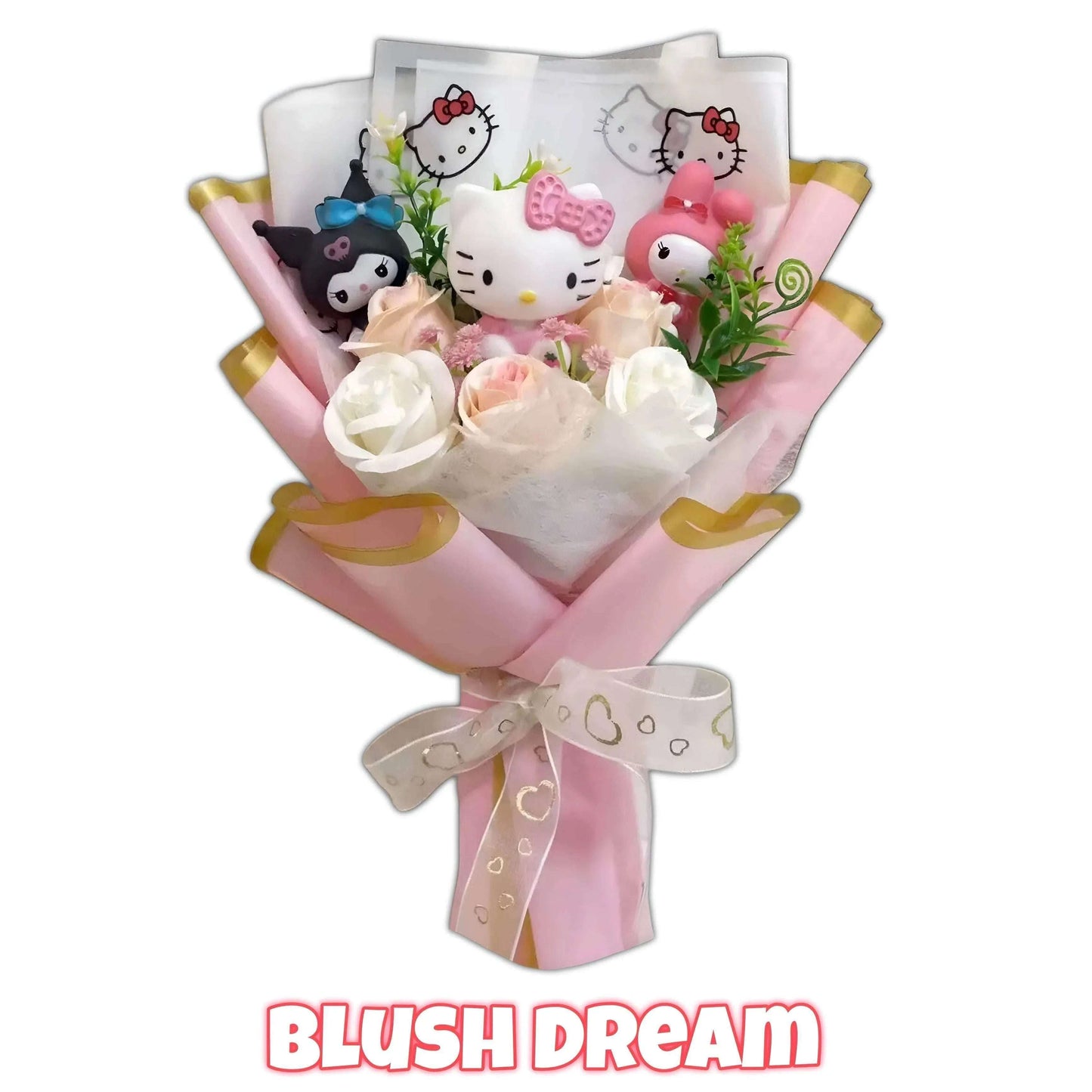 Blush pink bouquet with Hello Kitty plush and white rose flowers, gold ribbon bow