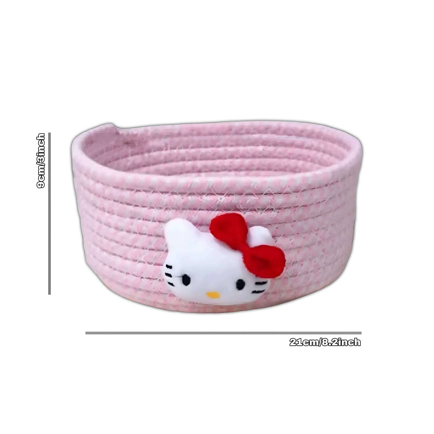 Pink fabric storage basket with Hello Kitty face and red bow, round shape