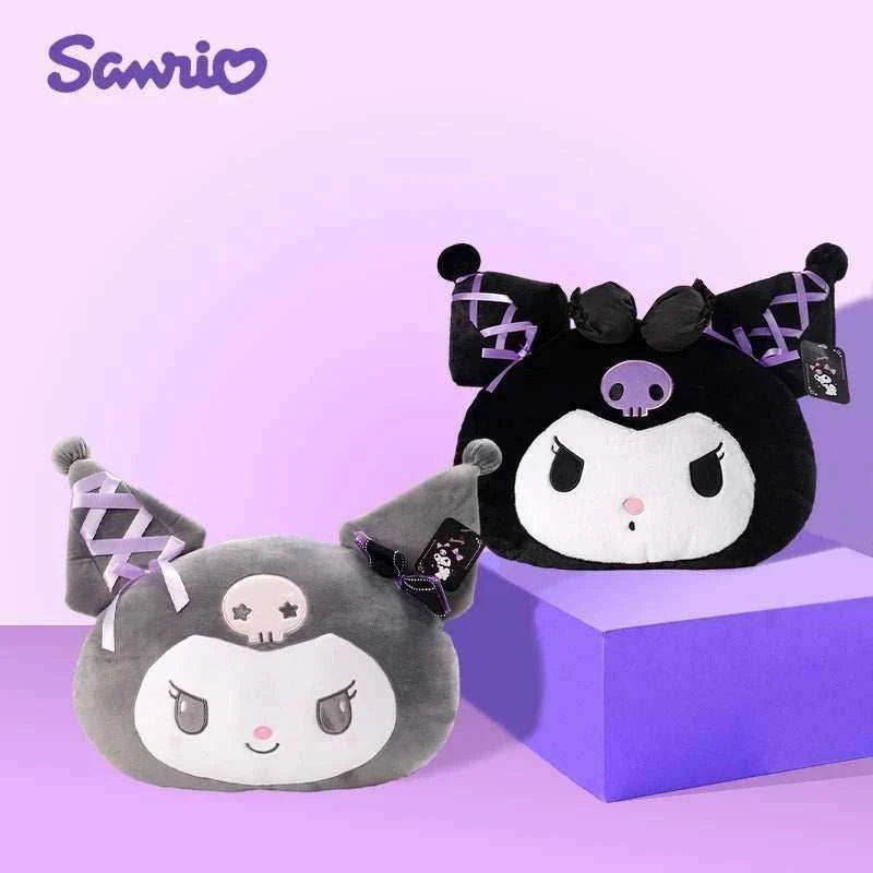 Gothic character pillow set with black panda-face and gray cloud-face, purple accents