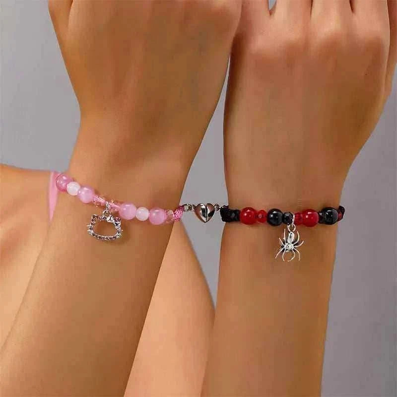 Children's charm bracelet set of 2: pink heart tag, black/red spider charm