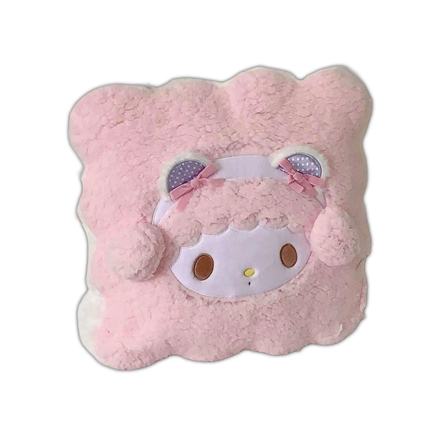 Pink fluffy cloud pillow with character face center, stitched ears, and ribbon bow strap.