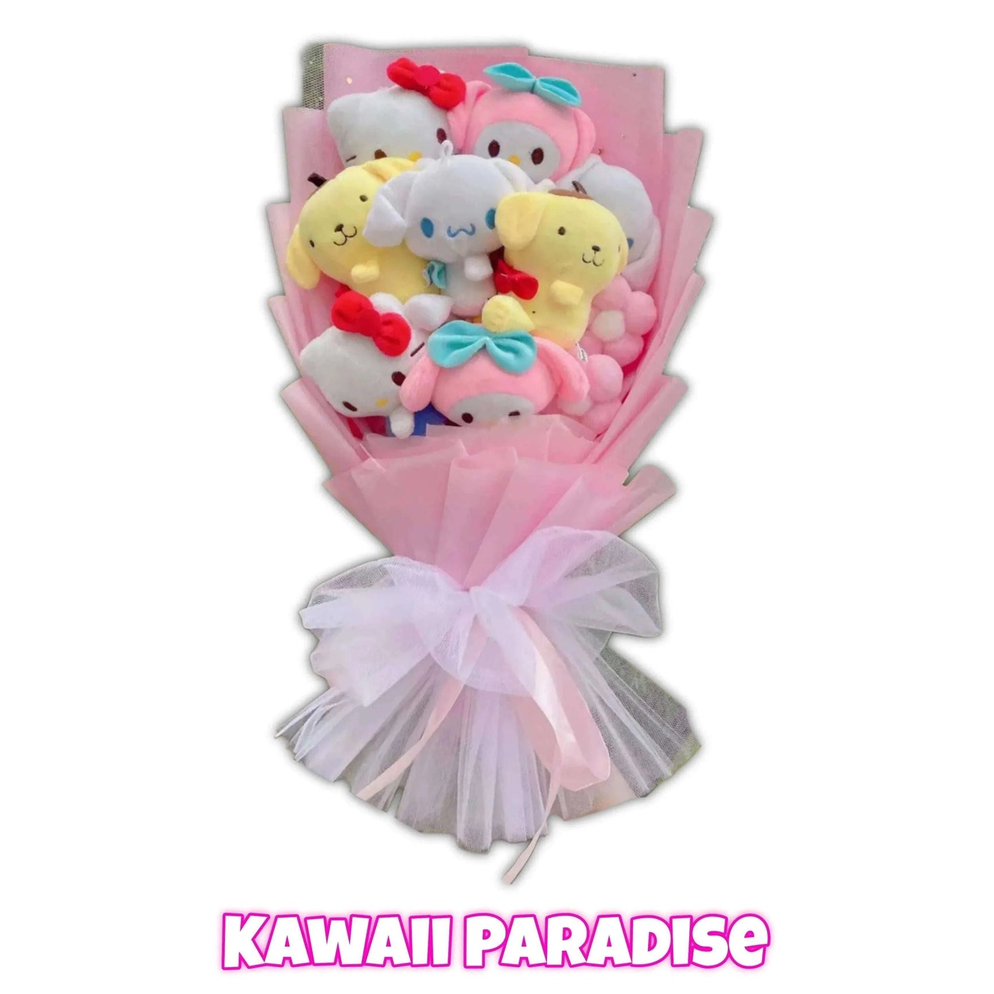 Pink and red plush bouquet with Hello Kitty characters, heart and bow accents, ribbon wrap