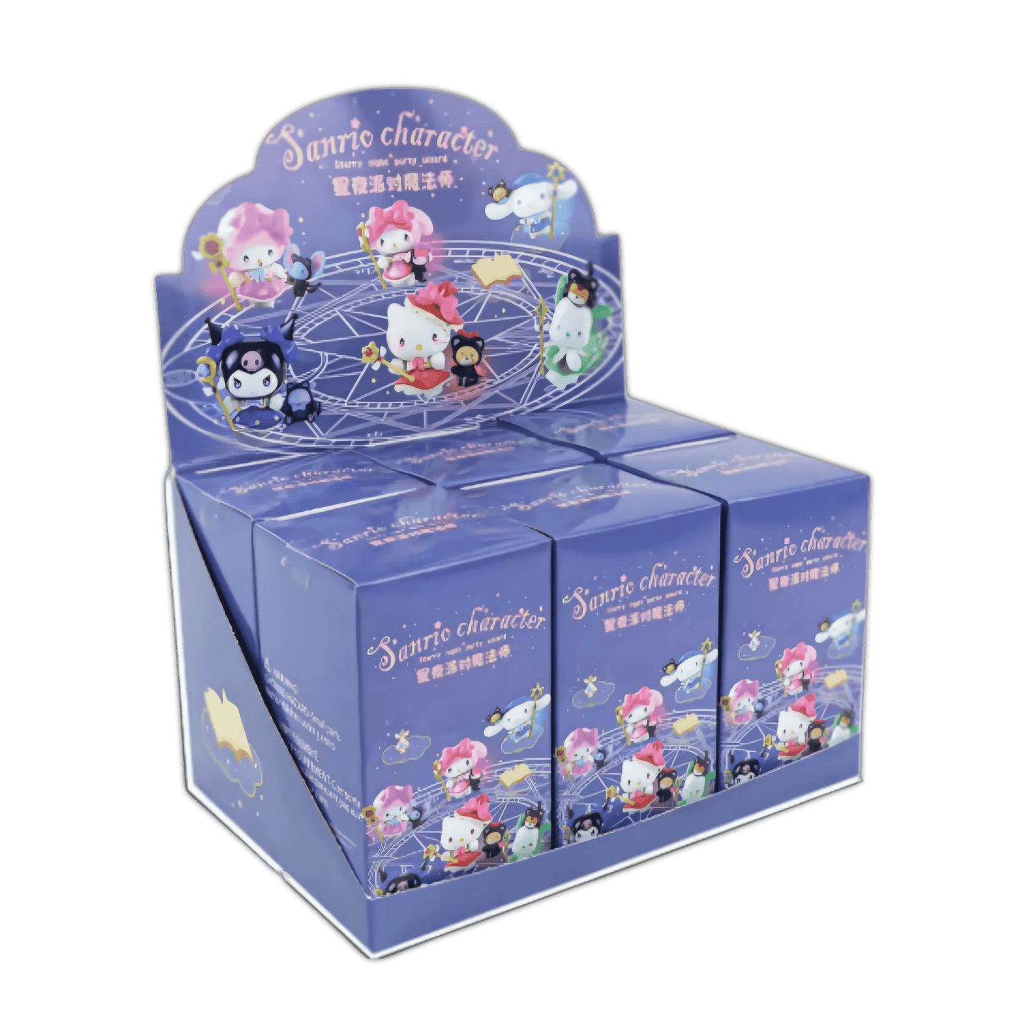Star-themed blind box figurine display case with printed characters and window