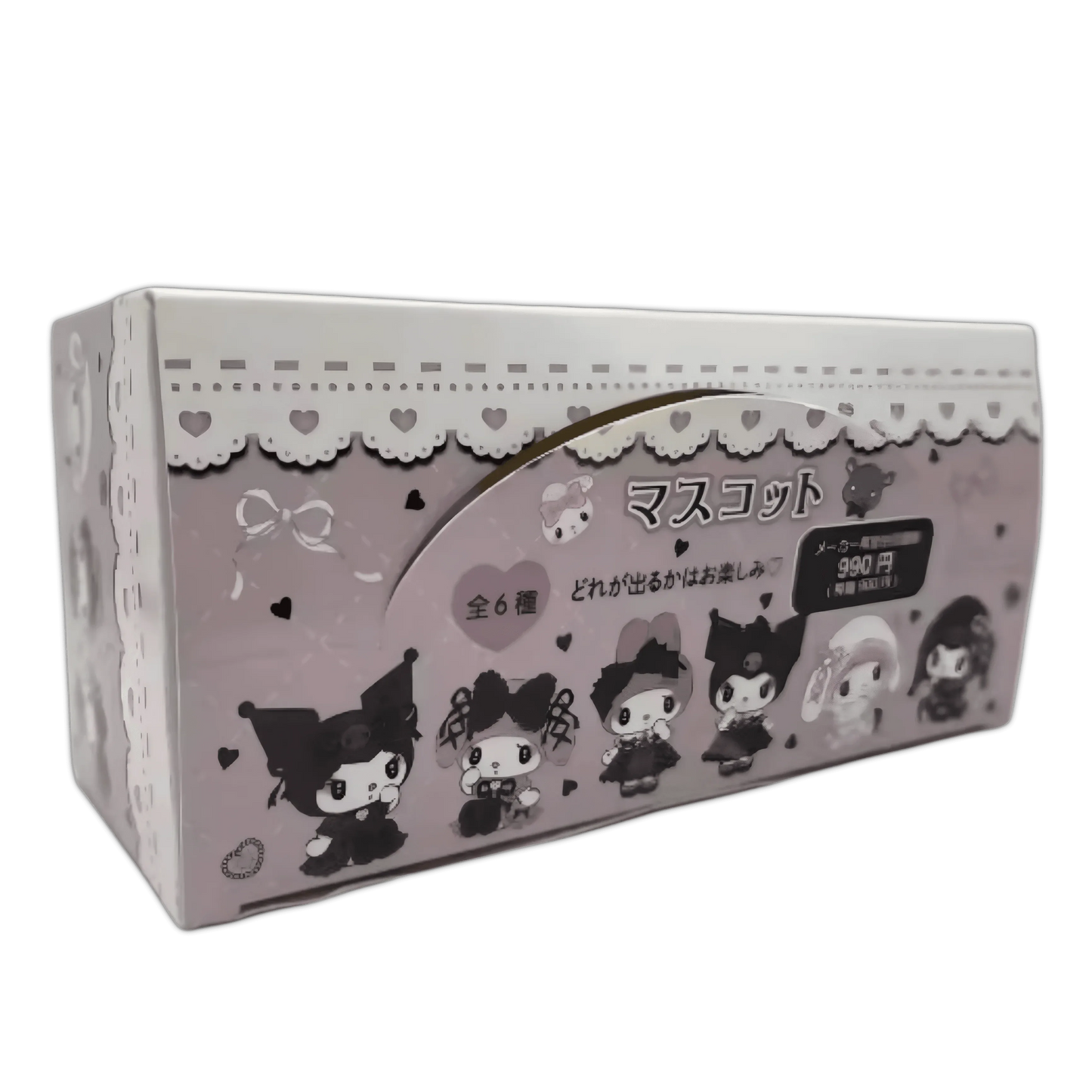Blind box side panel with lineup of six mini characters and price label