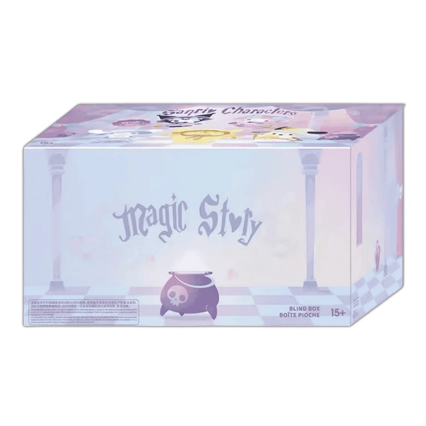 Magic figurine blind box packaging with character artwork and 15+ label