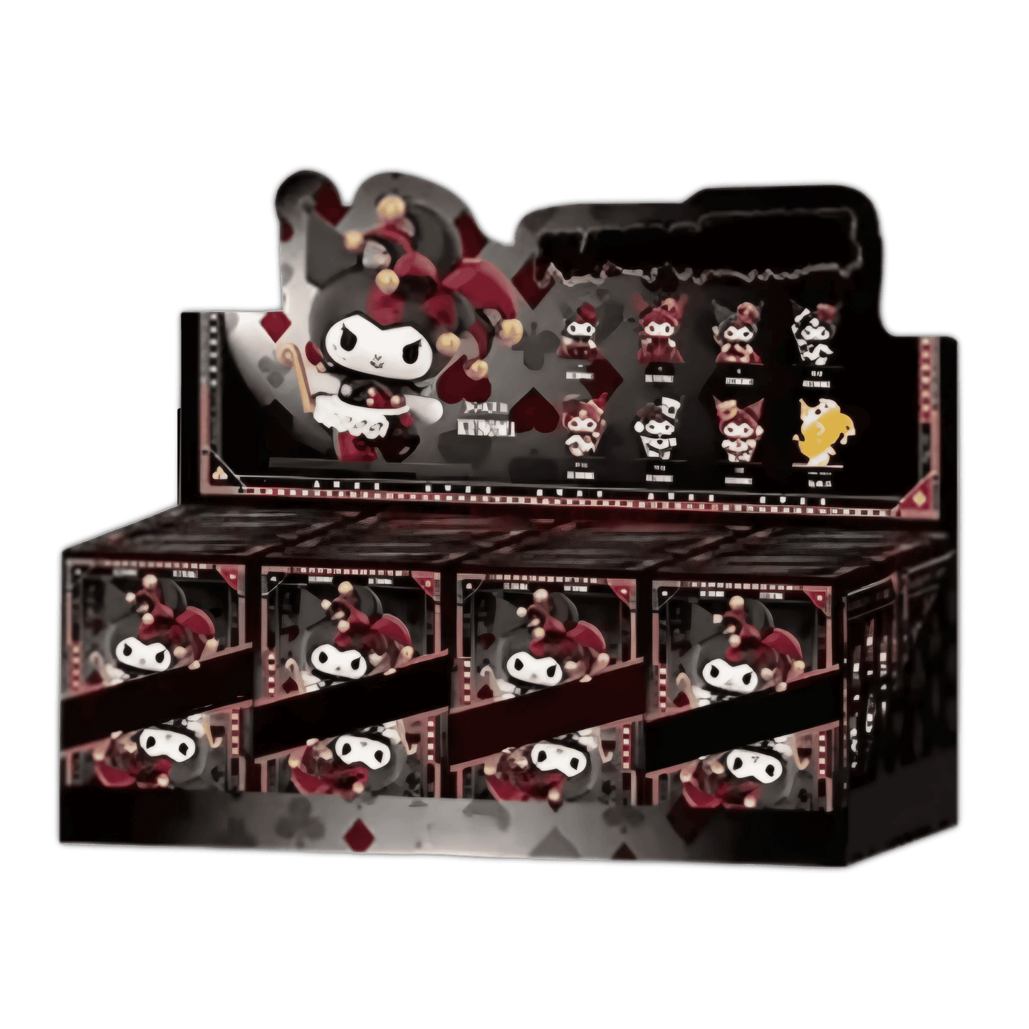Card-themed display box showing multiple blind boxes with red and black character designs