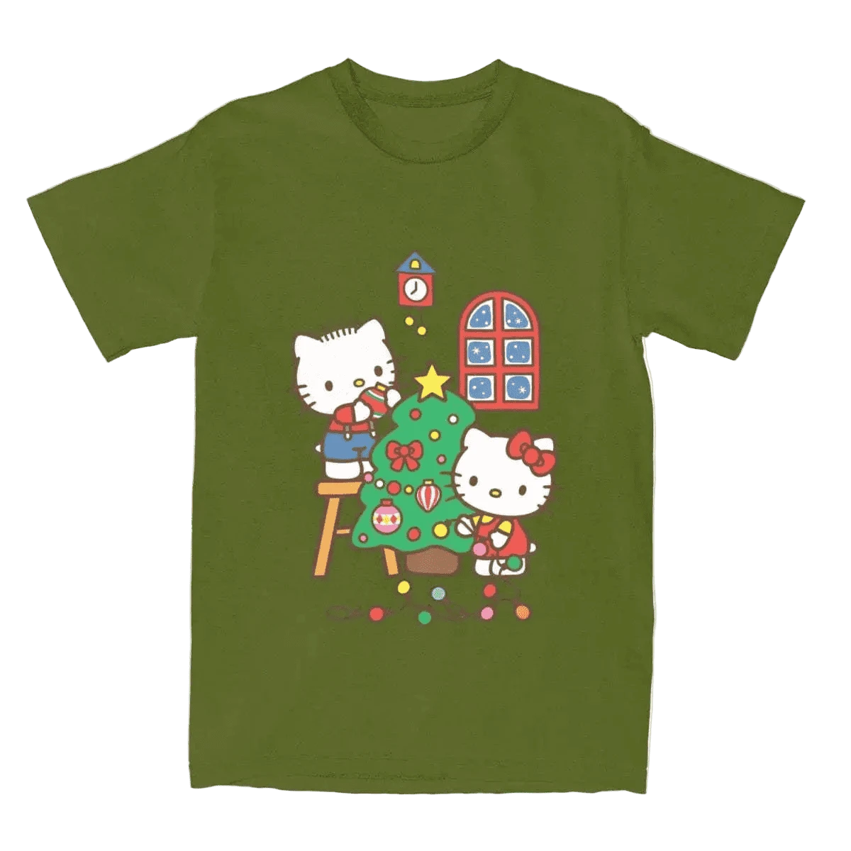 Olive green T-shirt with Hello Kitty at a Christmas tree, window and garland graphic