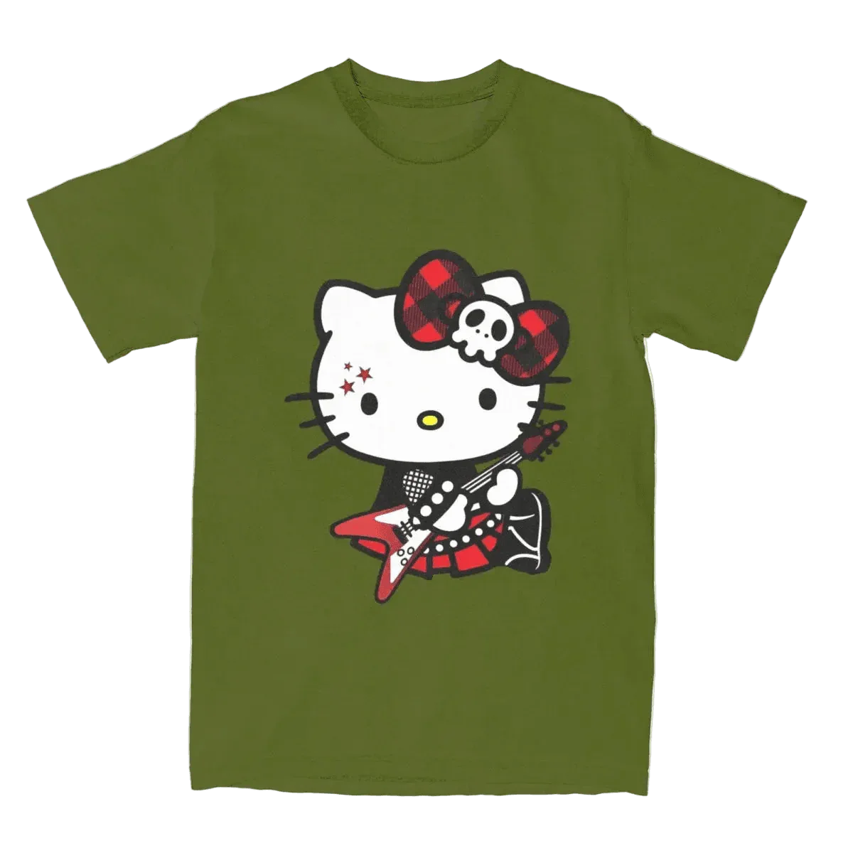 Olive green punk rock graphic T-shirt with Hello Kitty red plaid bow and guitar