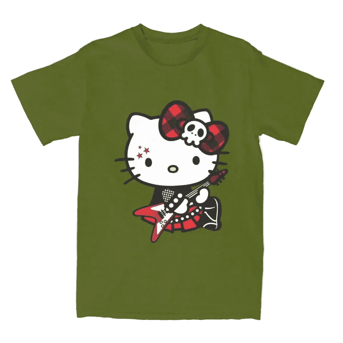Olive green graphic T-shirt with Hello Kitty punk star cat wearing a red plaid bow
