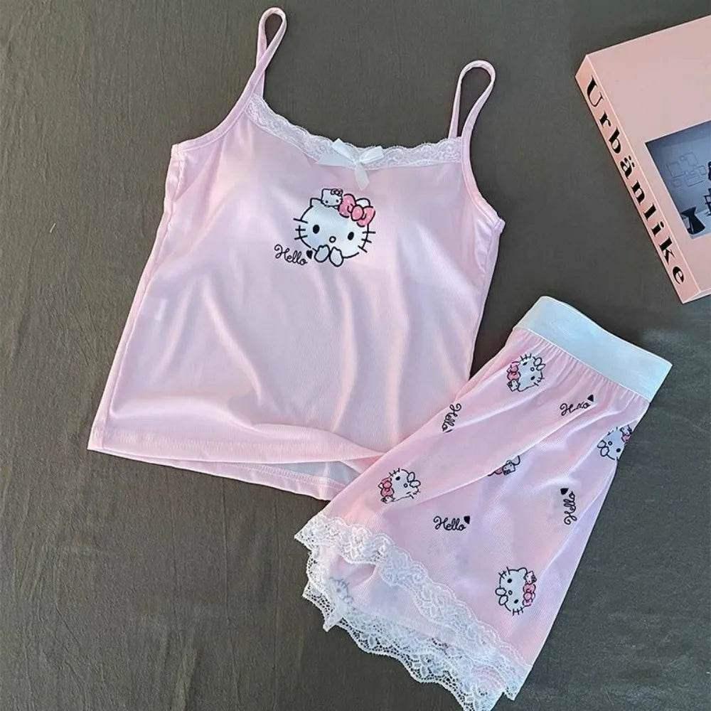 Pink Hello Kitty sleep set: lace-hem camisole with printed shorts and lace trim