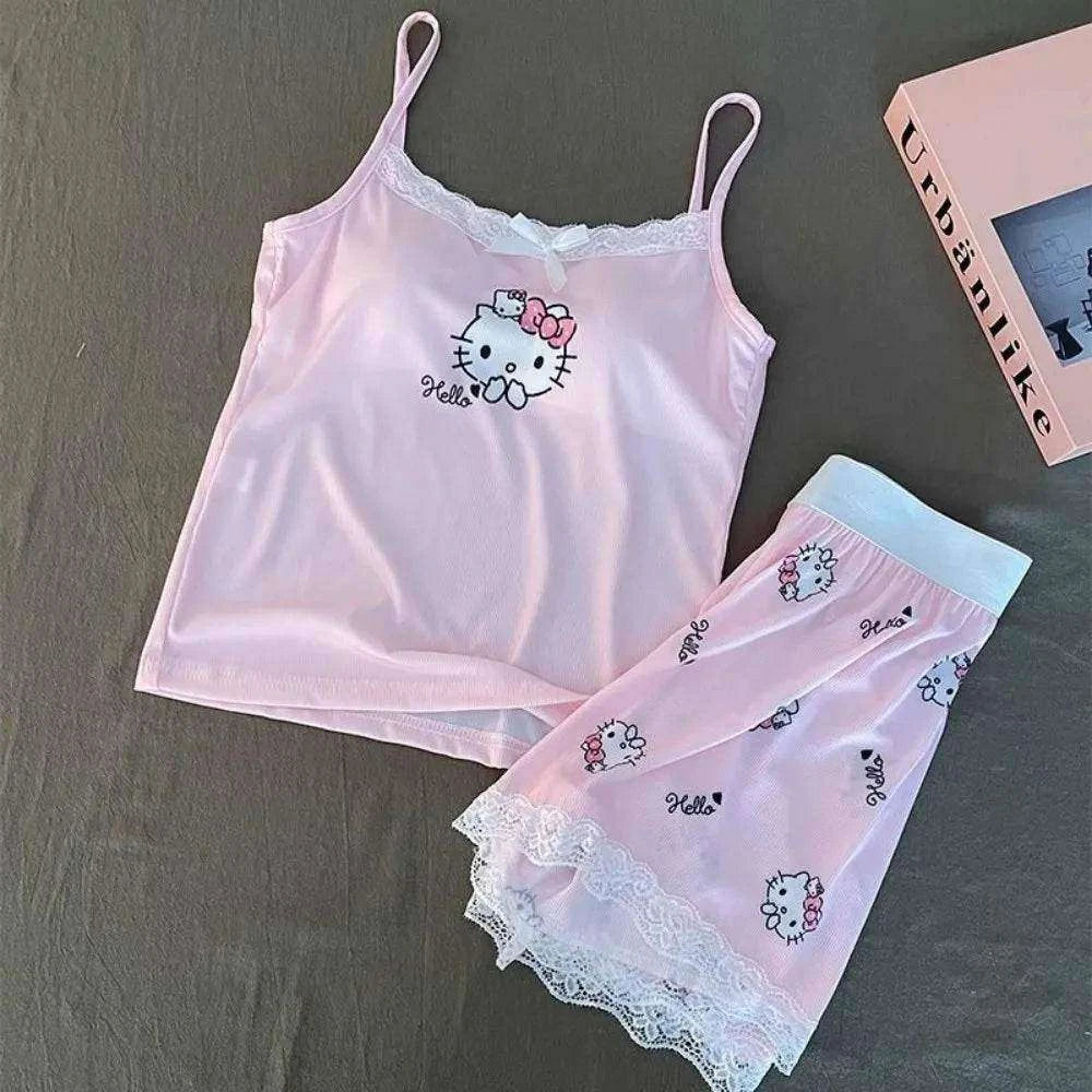 Pink Hello Kitty camisole and shorts set with lace trim on hem and adjustable straps