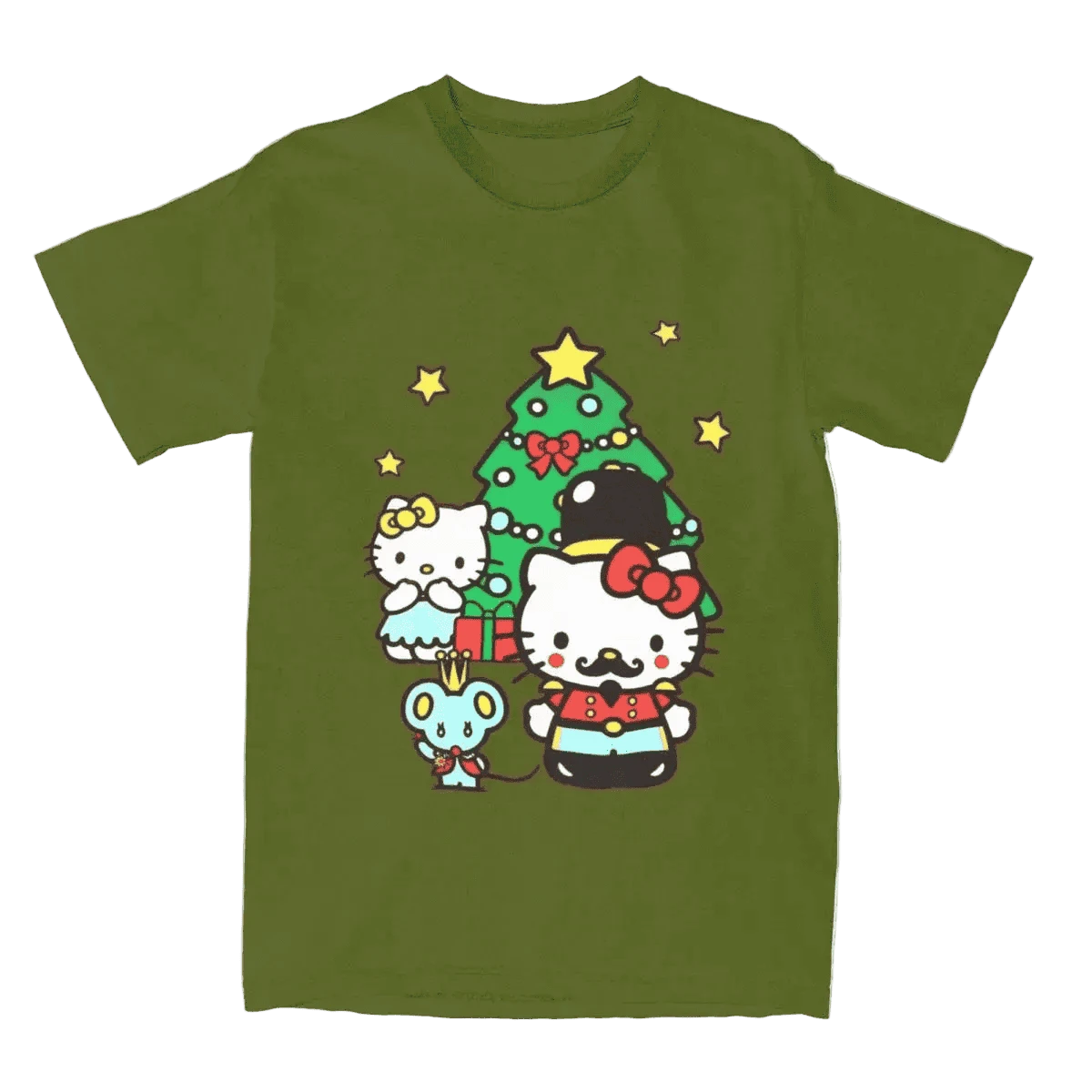 Olive green T-shirt with Hello Kitty holiday group and starry tree print