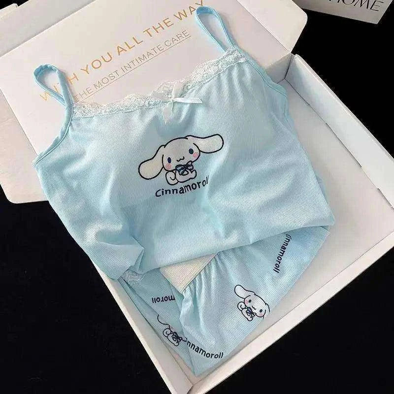 Light blue camisole with lace trim and Cinnamoroll chest print, paired with shorts