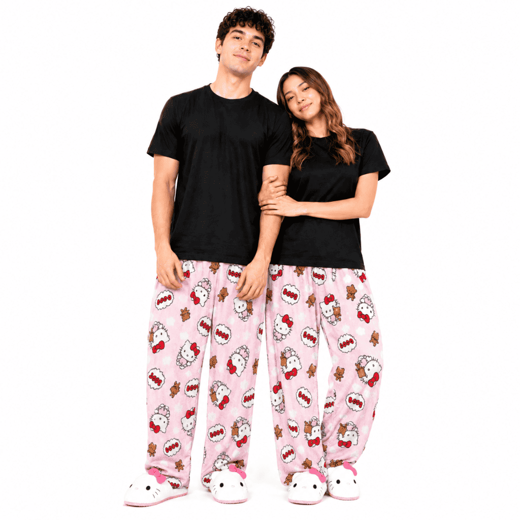 Hello Kitty teddy love pajama pants, pink allover character print, elastic cuffs