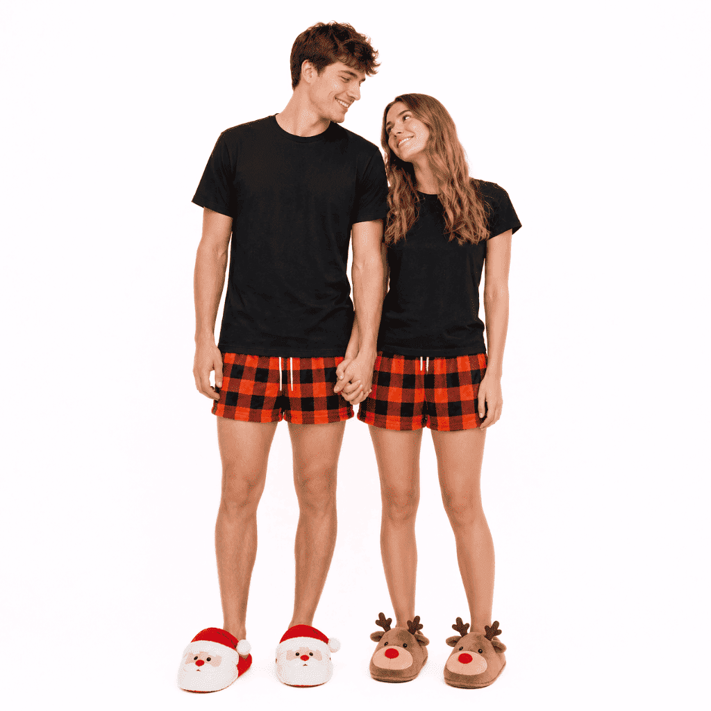 Red and navy plaid pajama shorts on two people, elastic waist, drawstring