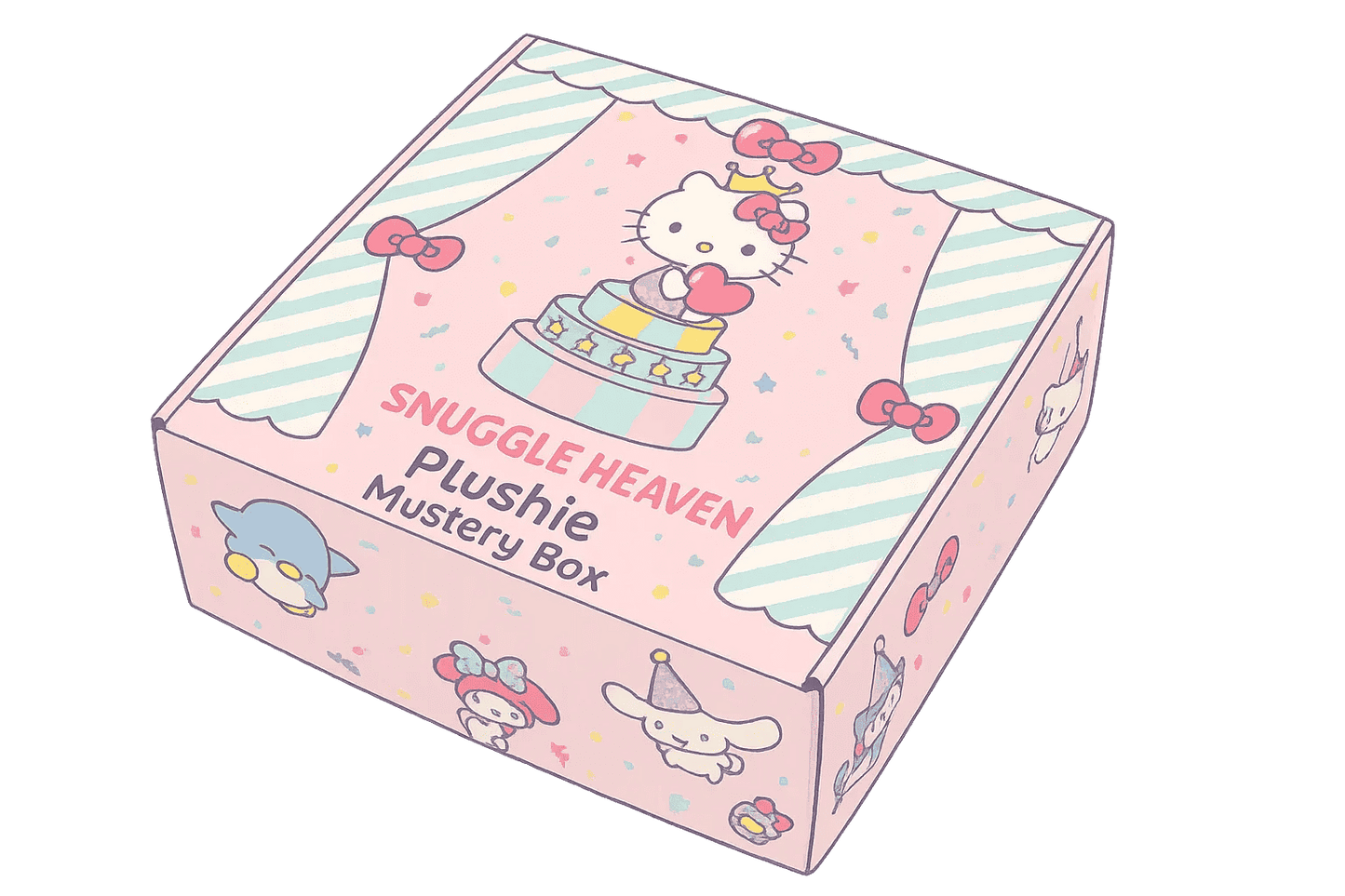 Plushie mystery box with pastel cartoon print, striped sides, and Snuggle Heaven label