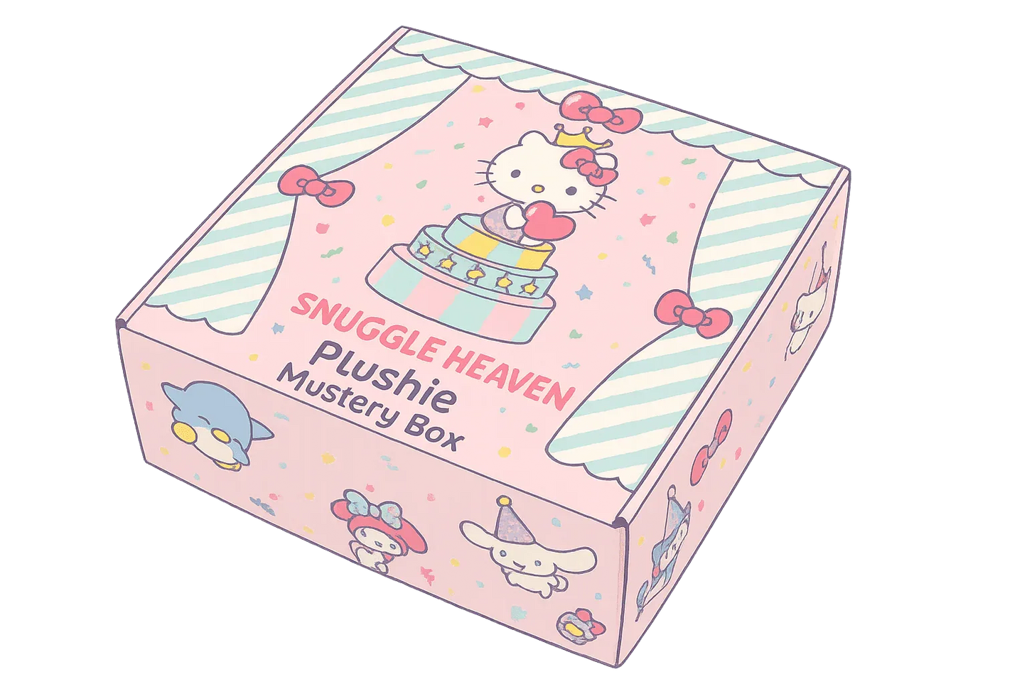 Pastel plushie mystery box with cute cartoon animals, hearts, and striped design