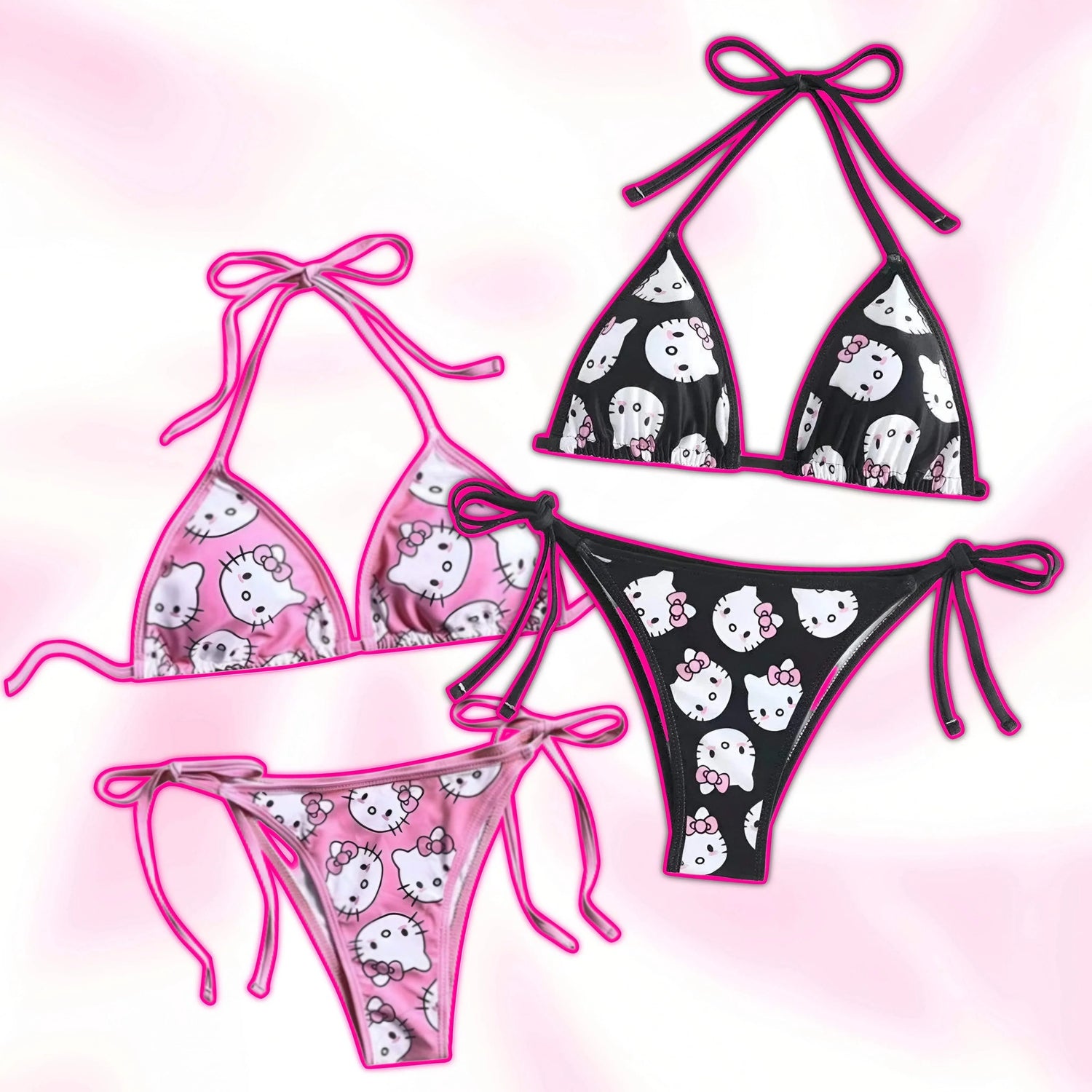 Hello Kitty print bikini set with pink and black triangle top and tie-side bottoms
