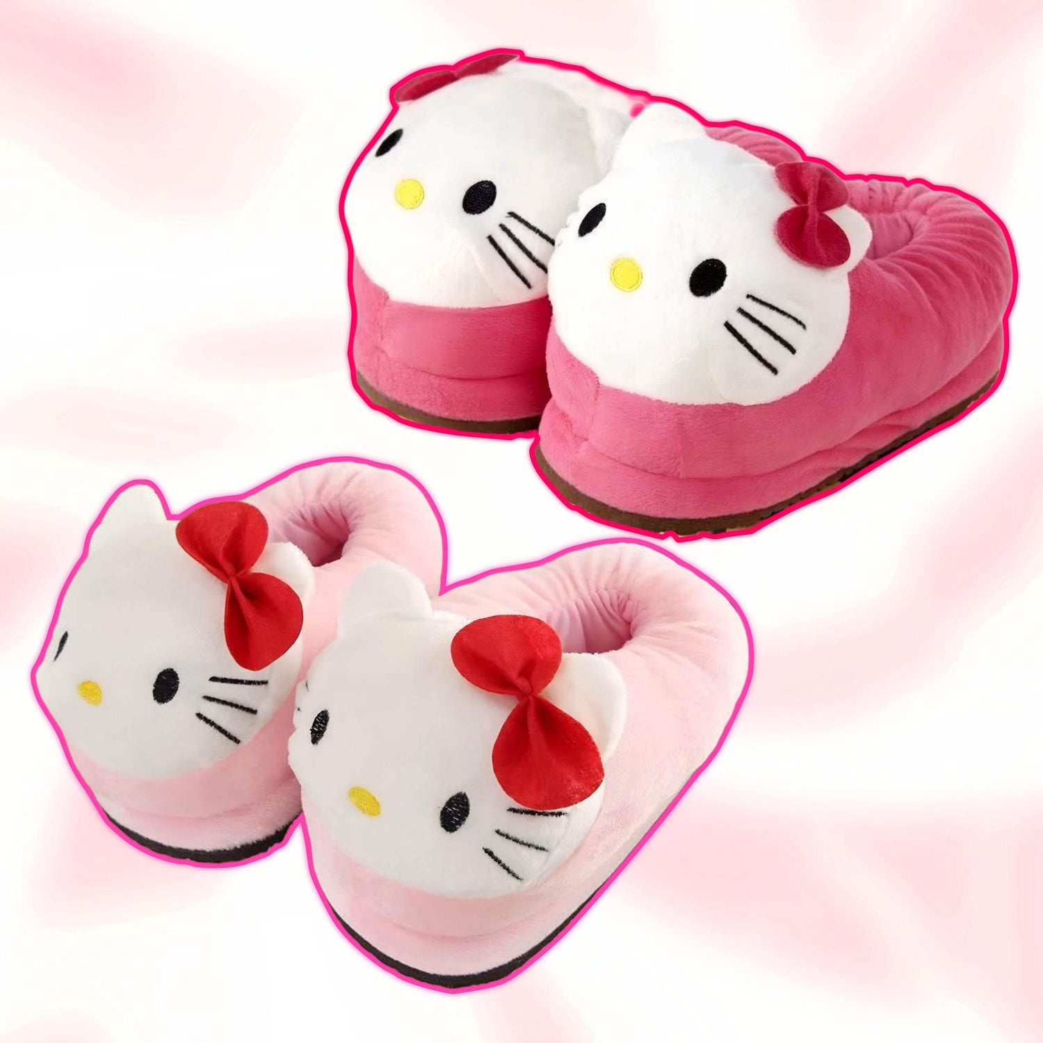 Plush Hello Kitty head slippers, white with pink/red bow accents, cat-face design